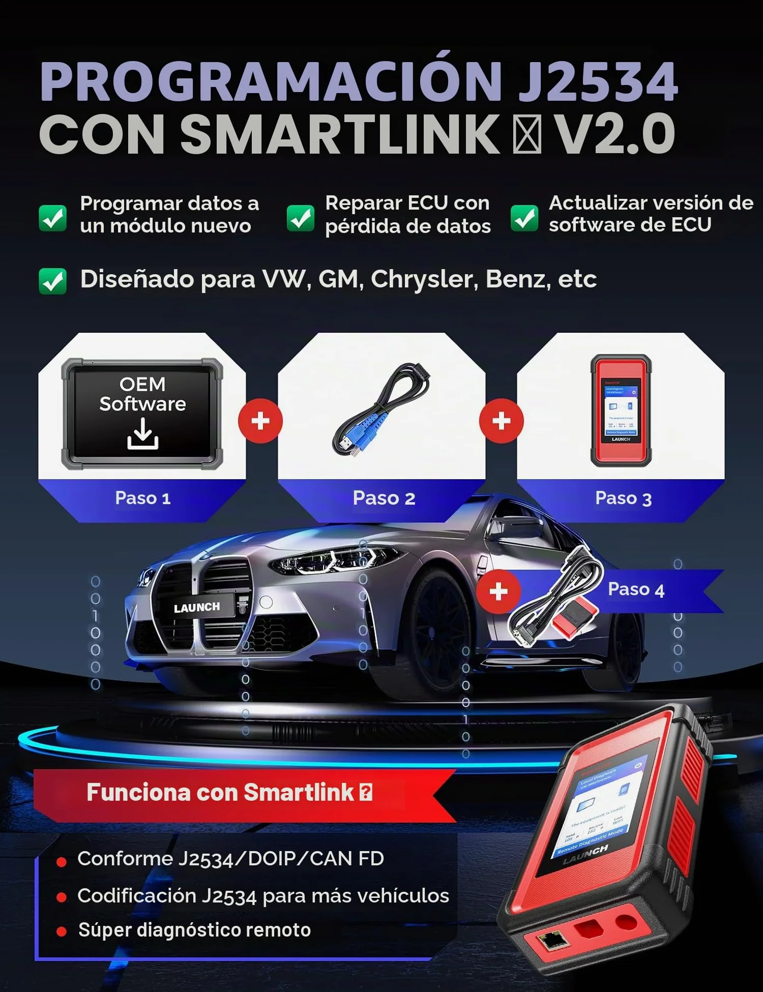 LAUNCH X431 PRO3 V+ Elite, 2025 Smartlink C 2.0 Herramienta de escaneo bidireccional con J2534, escaneo de camiones HD, mapa de topología, más de 60 servicios, codificación online, CANFD/DOIP/D-PDU