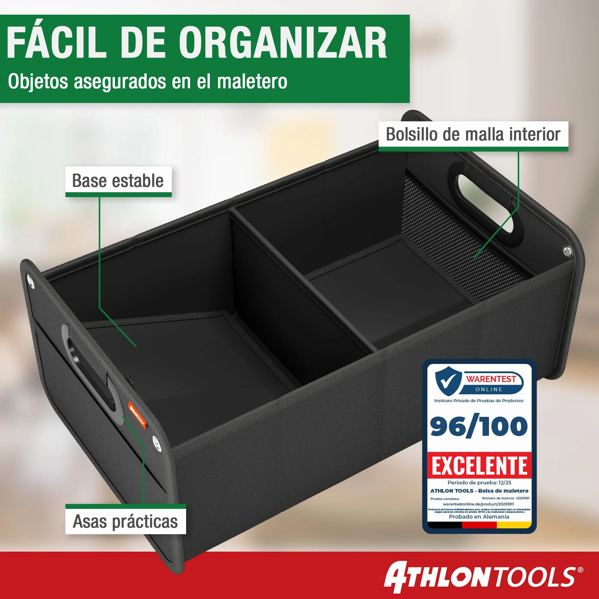 ATHLON TOOLS Bolsa organizadora para el maletero, caja plegable para el coche, reforzada y robusta, antideslizante