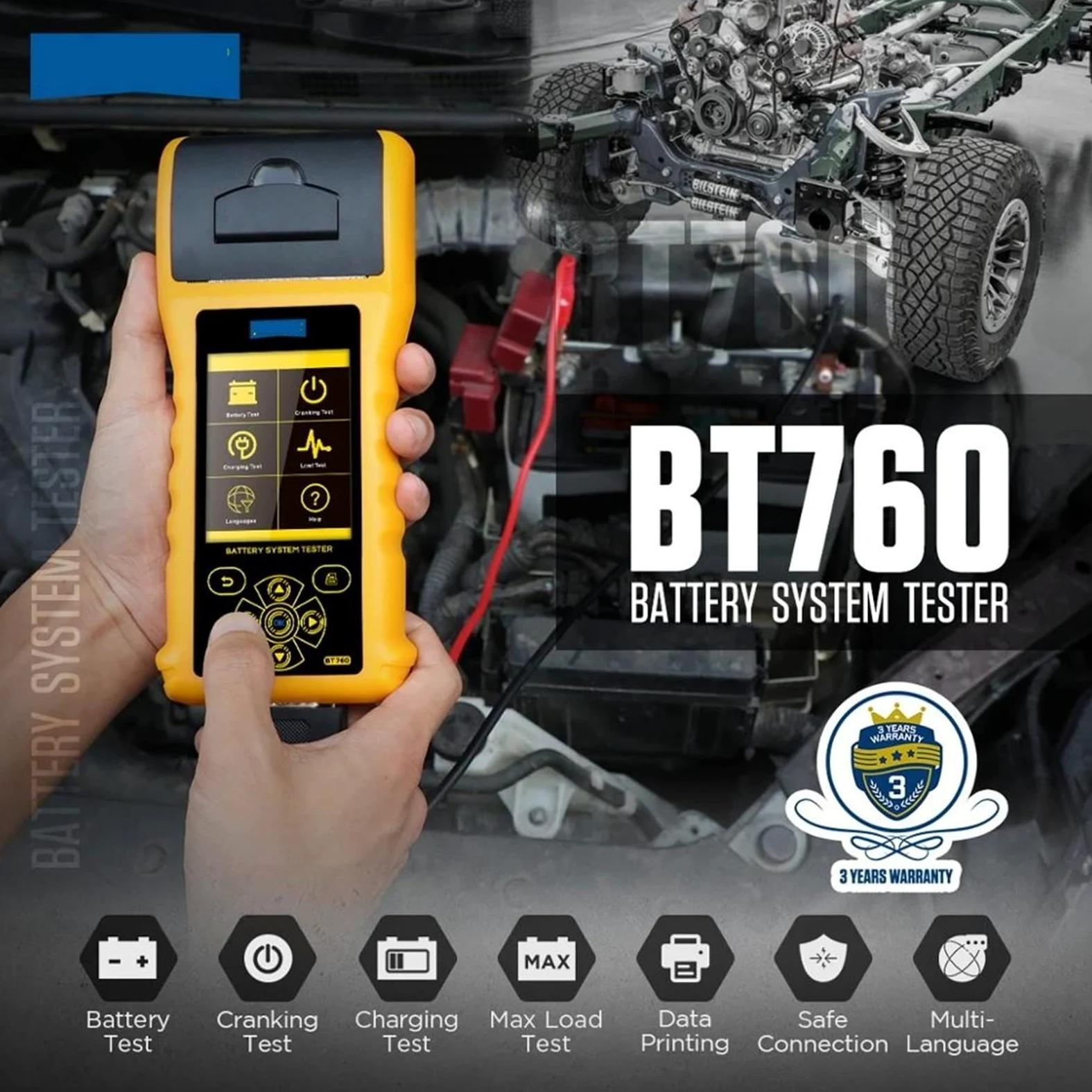 Comprobador de Baterias, BT760 Analizador del probador de batería del coche 1 2V 24V Herramienta de prueba de carga de arranque automático con diagnóstico de impresora for motocicletas de camiones(15