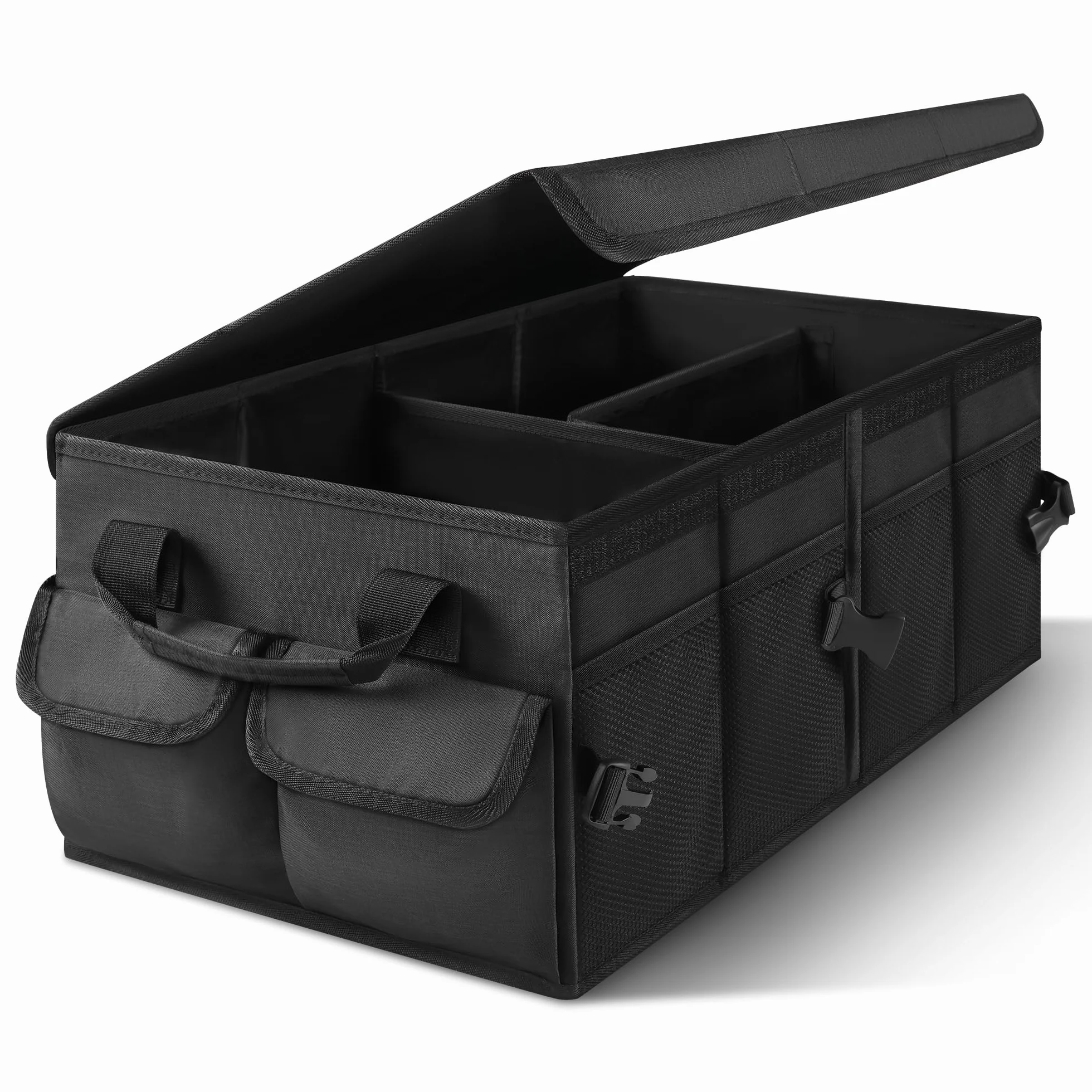 Organizador de maletero, bolsa plegable para maletero con tapa, organizador de maletero para automóvil con divisores extraíbles, equipado con base antideslizante y cierre de velcro, bolsillos