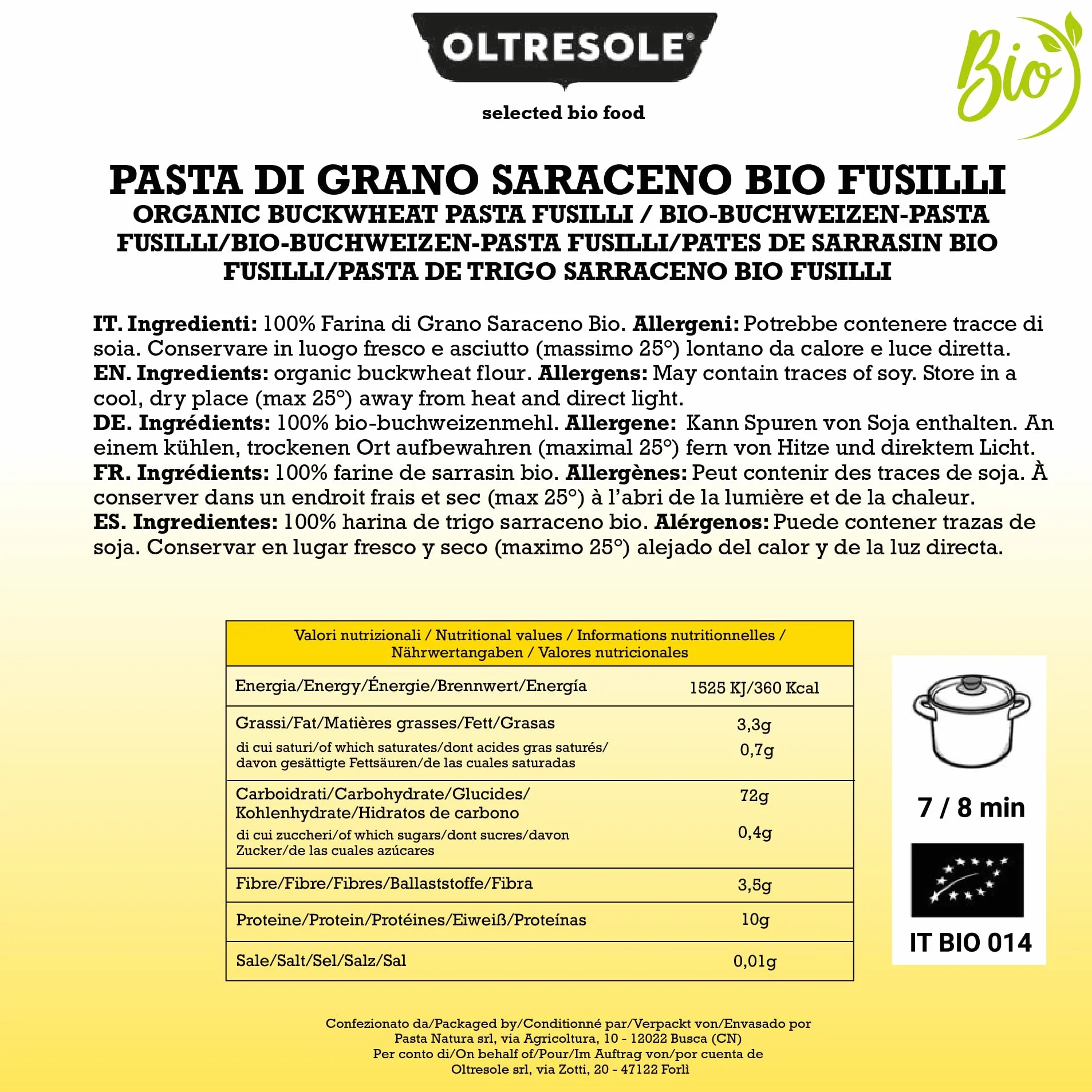 Oltresole Pasta Fusilli Ecológica Sin Gluten Trigo Sarraceno Integral 3x350g