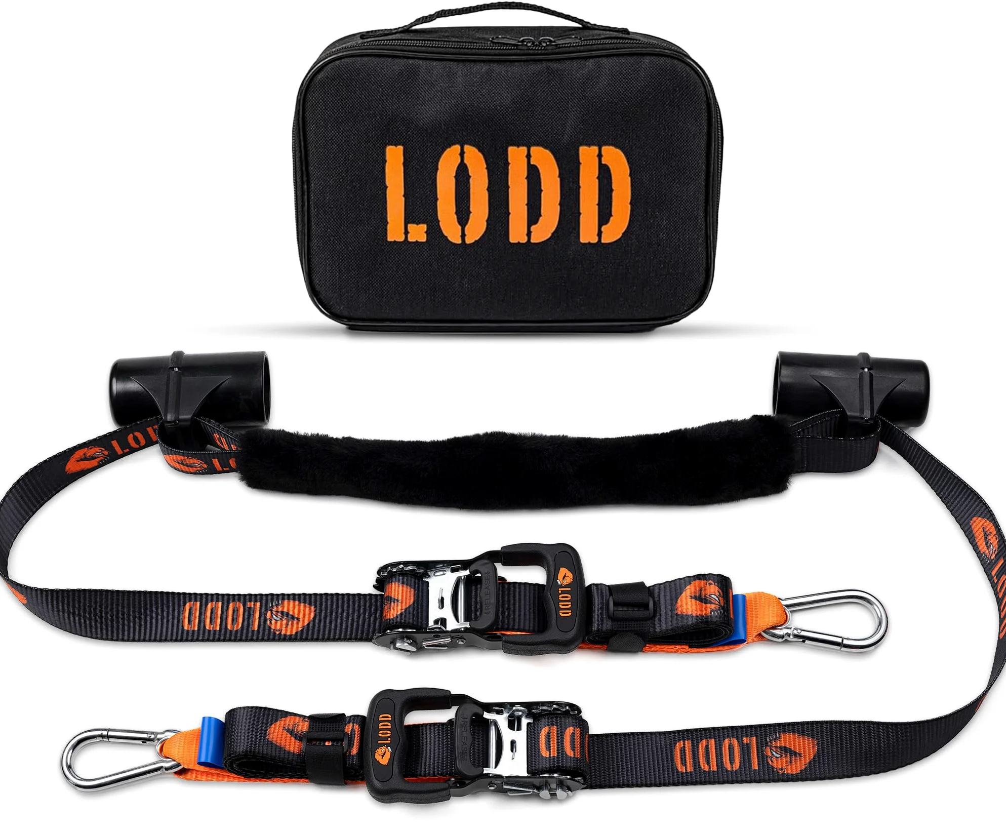LODD – Correas Moto, Anclaje al Manillar con Manguitos Compuestos Reforzados, Carraca Ultrarresistente, 38 mm, 1.500 kg, Mosquetones de Acero, Remolque, Carretera y Deportivas – Maletín Incluido