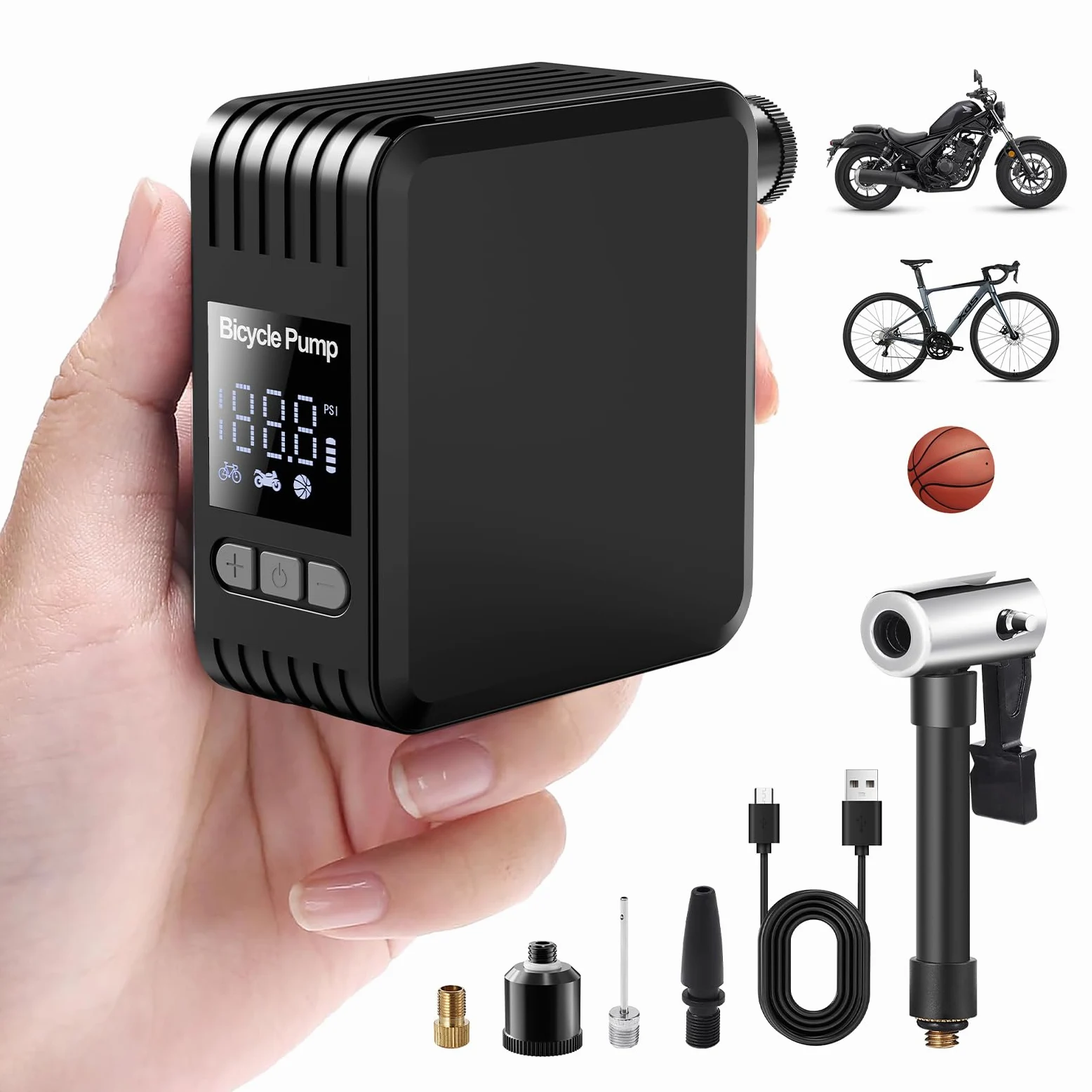 Mini Bomba de Bicicleta Eléctrica, 150 PSI Bomba de Neumáticos Eléctrica Inalámbrica con Manómetro Digital, Bomba Eléctrica para Bicicleta MTB y Carretera, Bicicleta MTB, Motocicleta