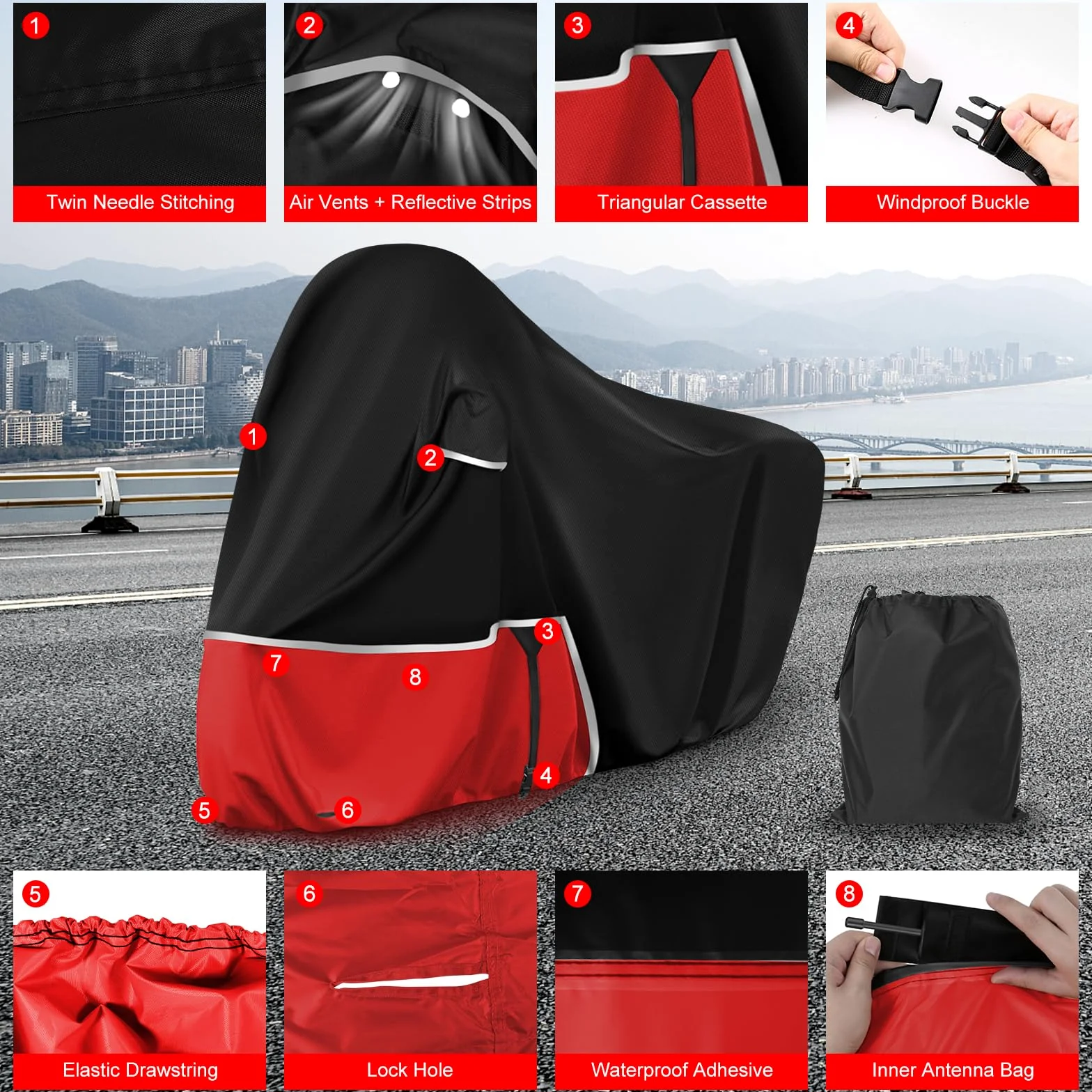 Funda para Moto para Piaggio Vespa GTV GTS GT60/125/200/250/300 (sin Maletero), Tela Oxford 420D Funda Moto Exterior Impermeable Funda Vespa 200 Vespa 125, Negro y Rojo