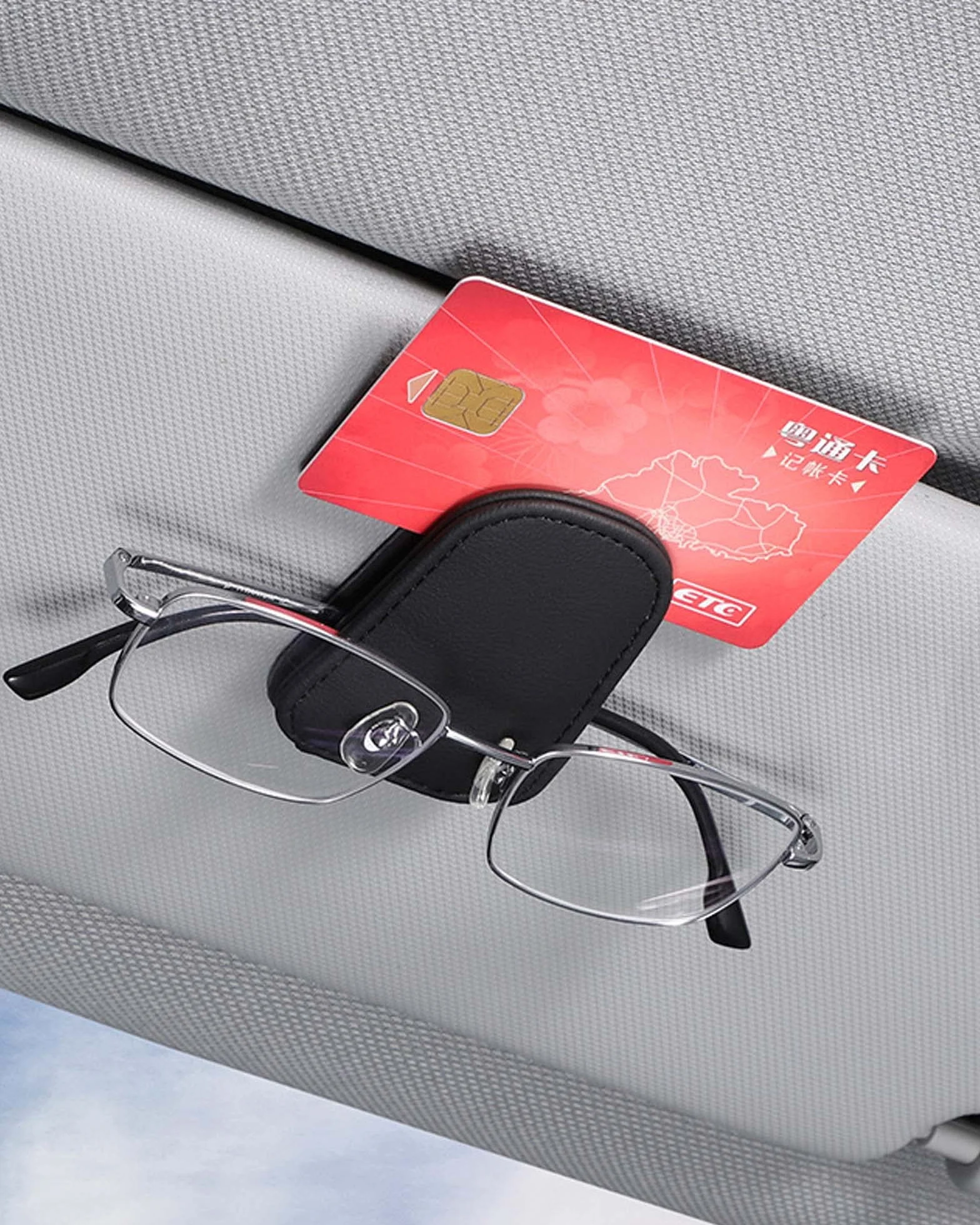 JEJA Soporte para Gafas de Sol para Coche, Cuero Soporte para Gafas de Sol, Coche, Ticket Tarjetas, Clip Gafas, Soporte para Parasoles de Coche, Negro