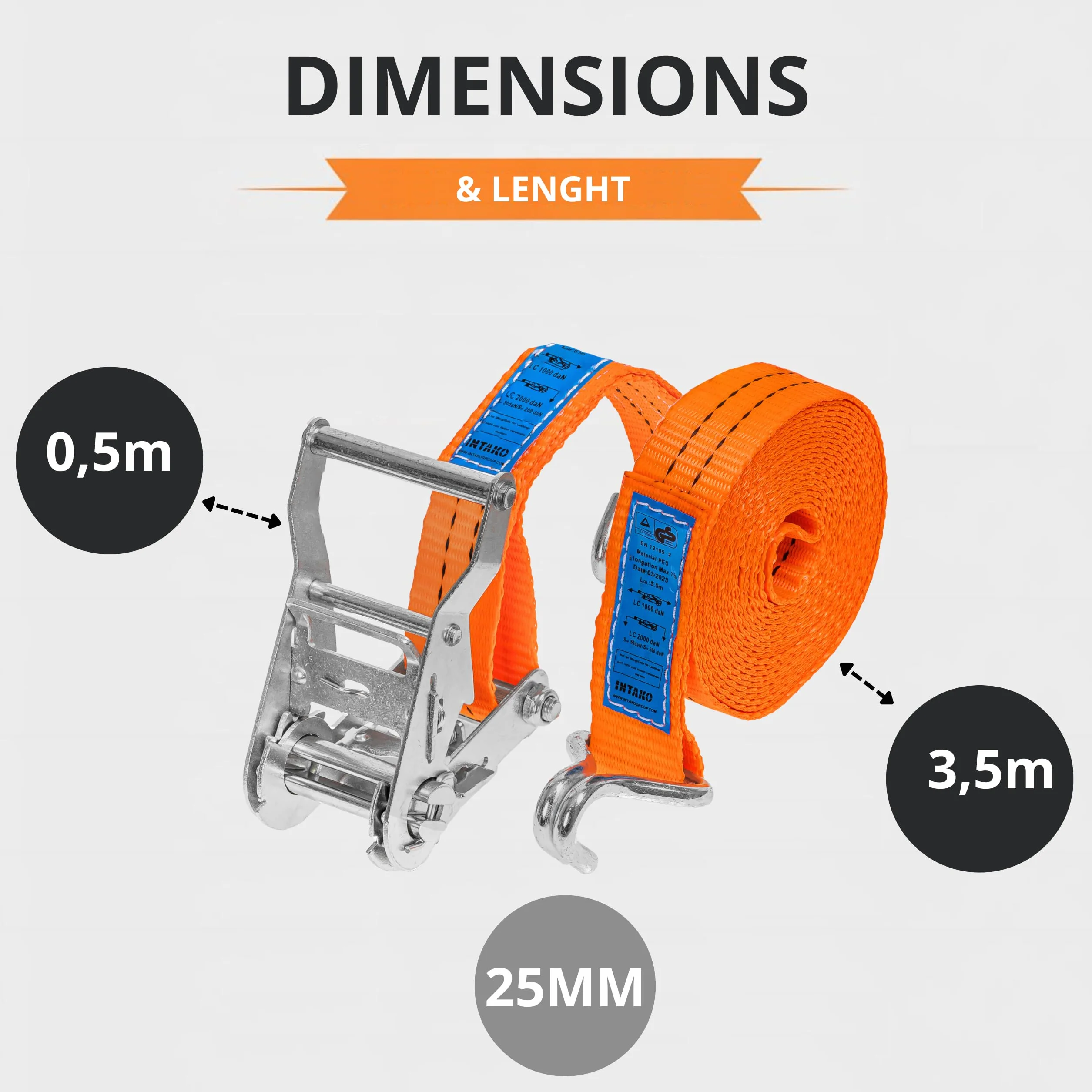INTAKO Cinchas de Amarre con Carraca – 4m / 6m x 2000kg x 35mm – 2/10 Piezas – Eslingas con Carraca – Cinta de Amarre con Trinquete – Tensor de Cinchas para Auto y Moto (Naranja, 4m (2 Pezzi))