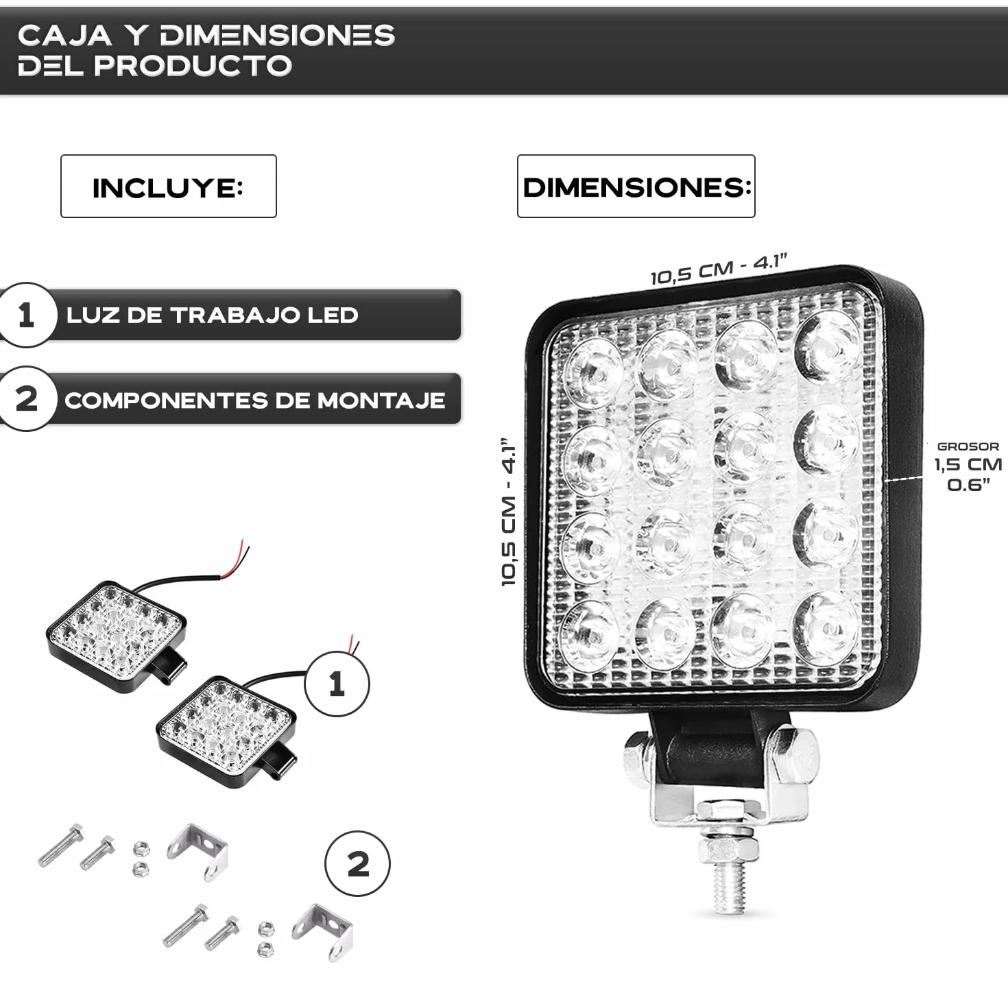 Foco led 12v 2 uds aluminio abs 48W 16 led 6500K 10.5 cms 4.21" faros 4x4 largo alcance