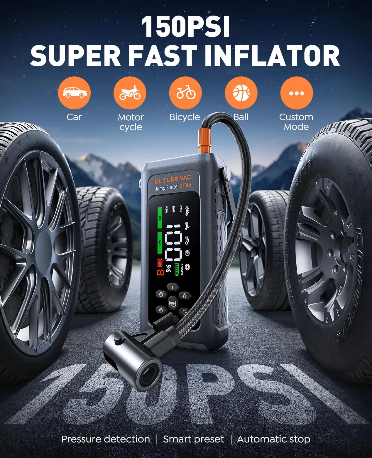 Arrancador de Baterias de Coche con Compresor de Aire, 12V 5000A Arrancador Coche Portatil con Inflador de 150 PSI, Linterna LED de Emergencia, Banco de energía de Arranque