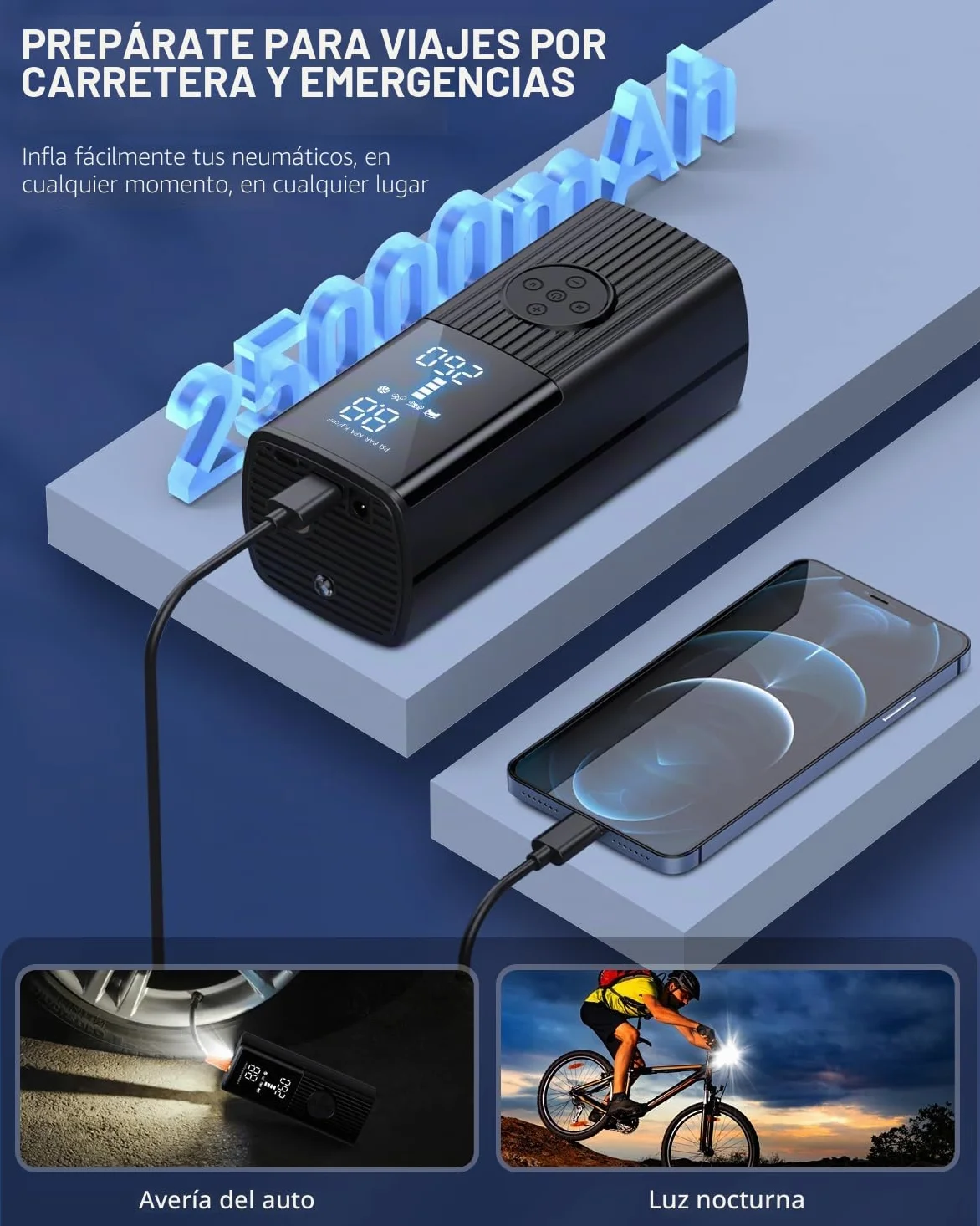 Compresor de aire portátil inflador de neumáticos, compresor de aire portátil de 180 PSI con batería de 25000 mAh, bomba de aire inalámbrica de inflado rápido 3X para coche, motocicleta, bicicleta
