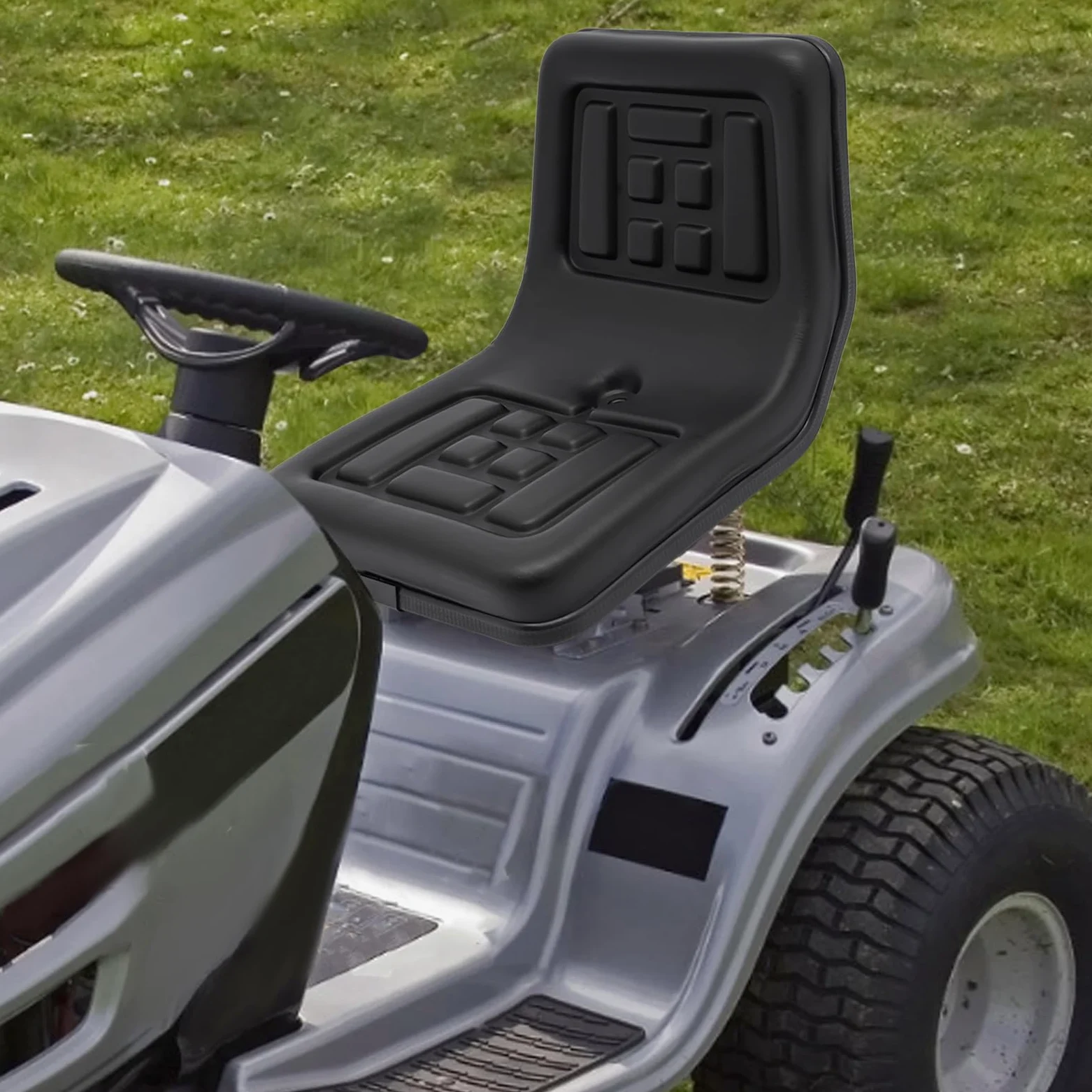 Asiento universal pequeño para carretilla elevadora con PVC y espuma, asiento de tractor ergonómico ajustable y capacidad de carga de 100 kg, asiento para cortacésped con varios orificios y orificio
