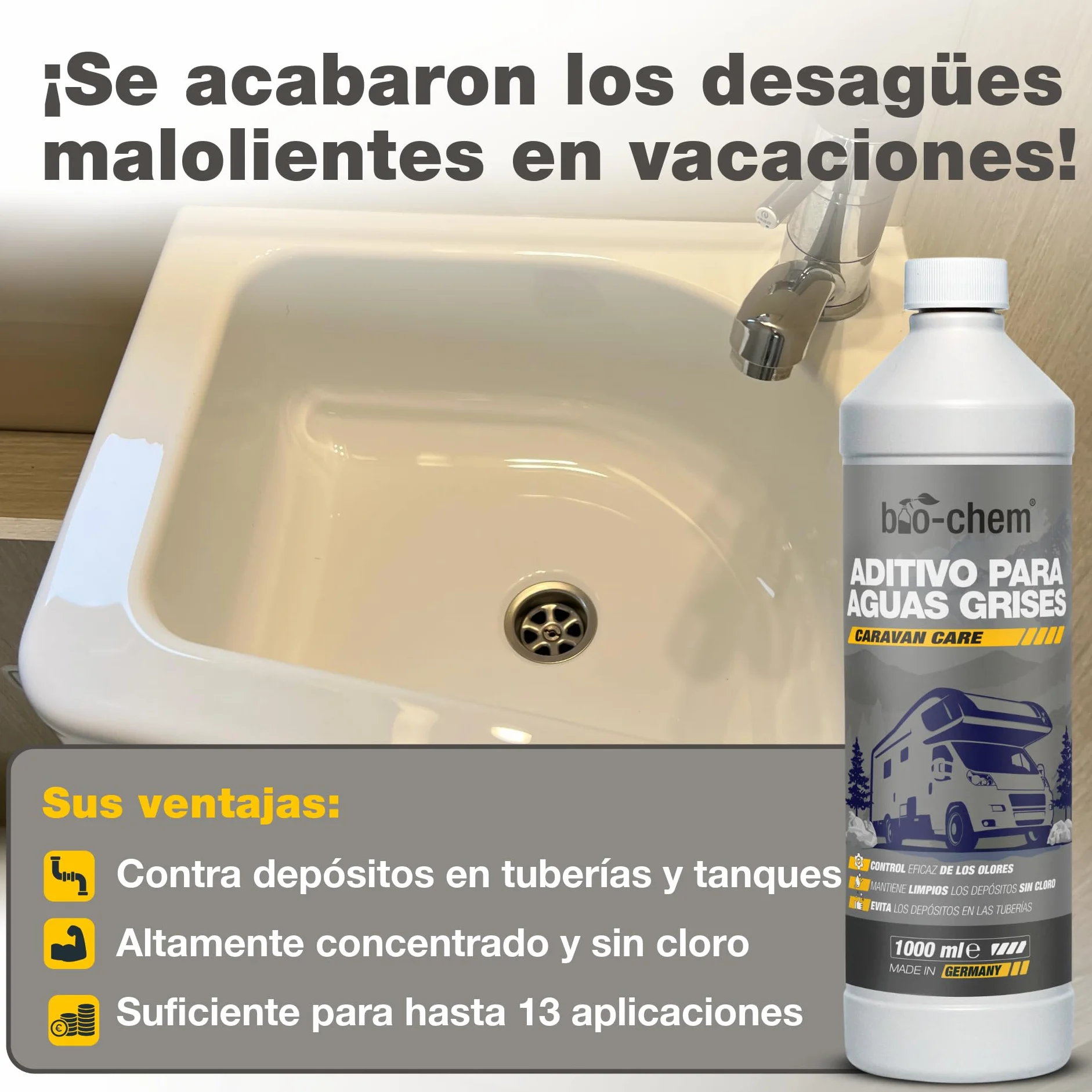 Bio-Chem - Set de 3 Productos de Limpieza para aseos higiénicos de autocaravanas - Limpiador para depósitos de Agua Dulce de caravanas - Limpiador para Aguas Grises - Líquido Sanitario
