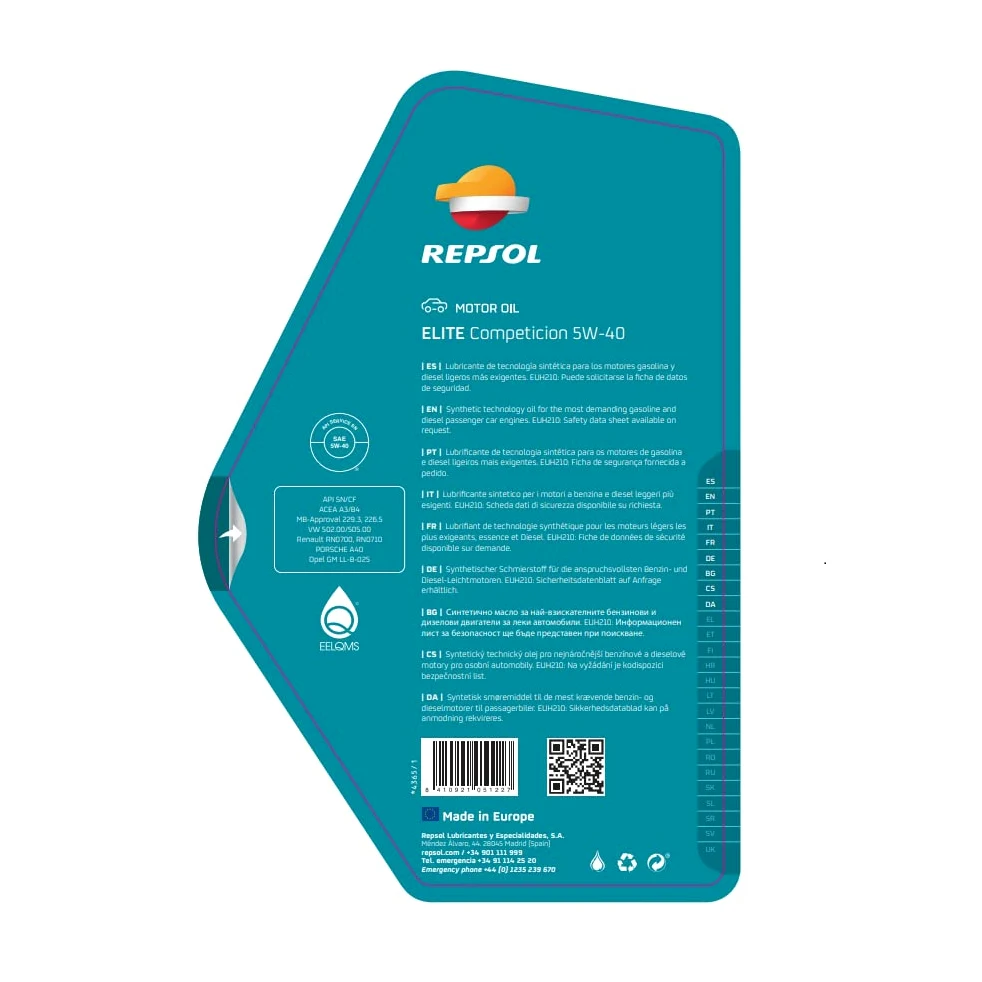 REPSOL Aceite de motor 5W-40 Elite aceite ACEA A3/B4 API SN API CF Competition 5L Compatible con VW Polo V Hatchback 6R1, 6C1 up! Hatchback 121, 122, BL1, BL2, BL3, 123 Passat B8 Variant 3G5, CB5