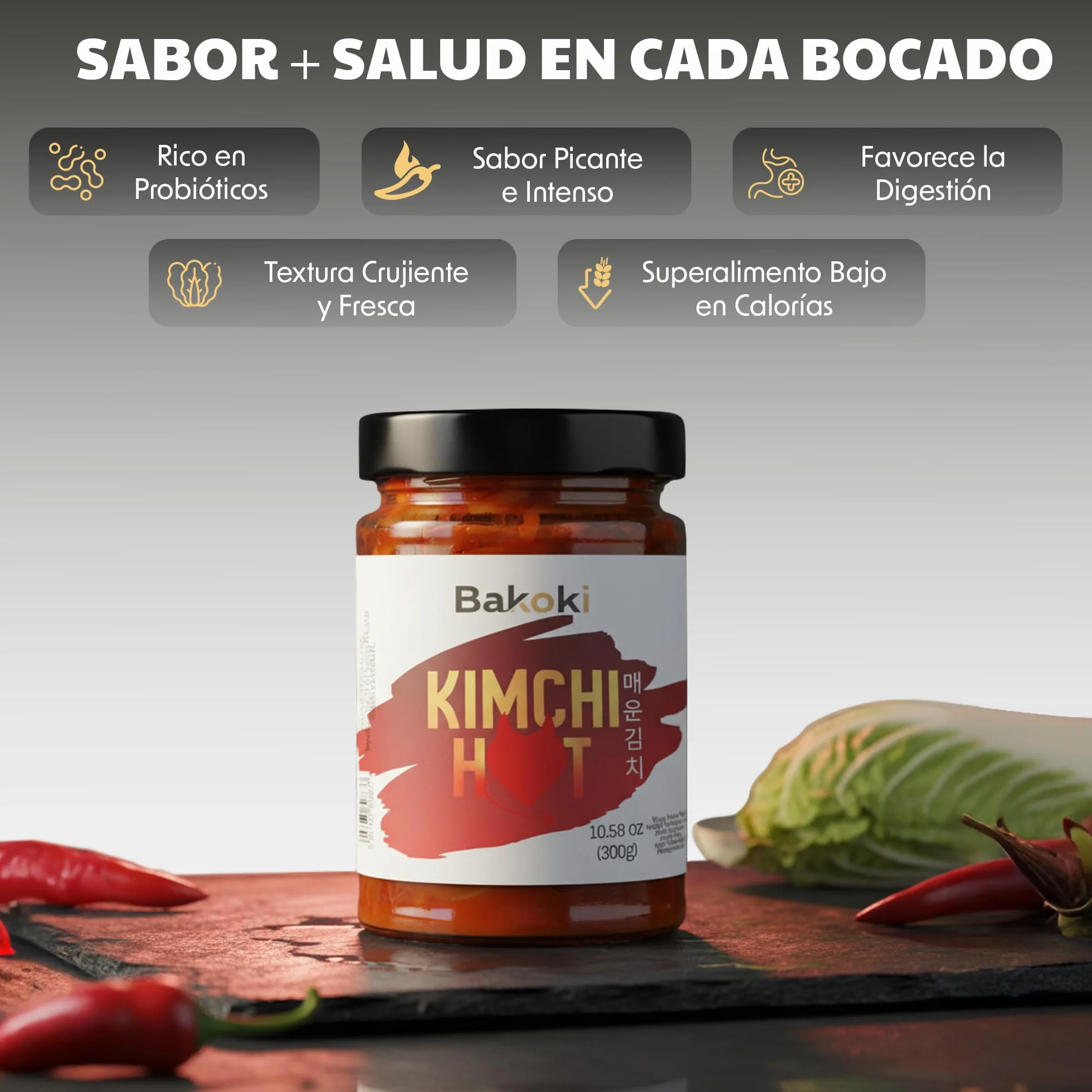 Bakoki Premium 매운 김치 Hot‑Kimchi (Gochugaru) – kimchi coreano picante de repollo napa fermentado probiótico umami 2 × 300 g