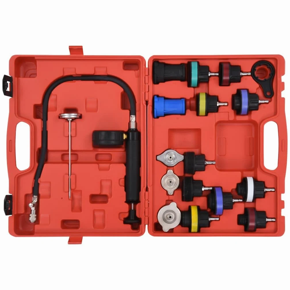 Mangloder - Comprobador de presión para sistemas de refrigeración y tapa del radiador, 18 piezas para vehículos, prueba de fugas, rango de medición 0-2,5 bar, inoxidable, alta calidad, práctico
