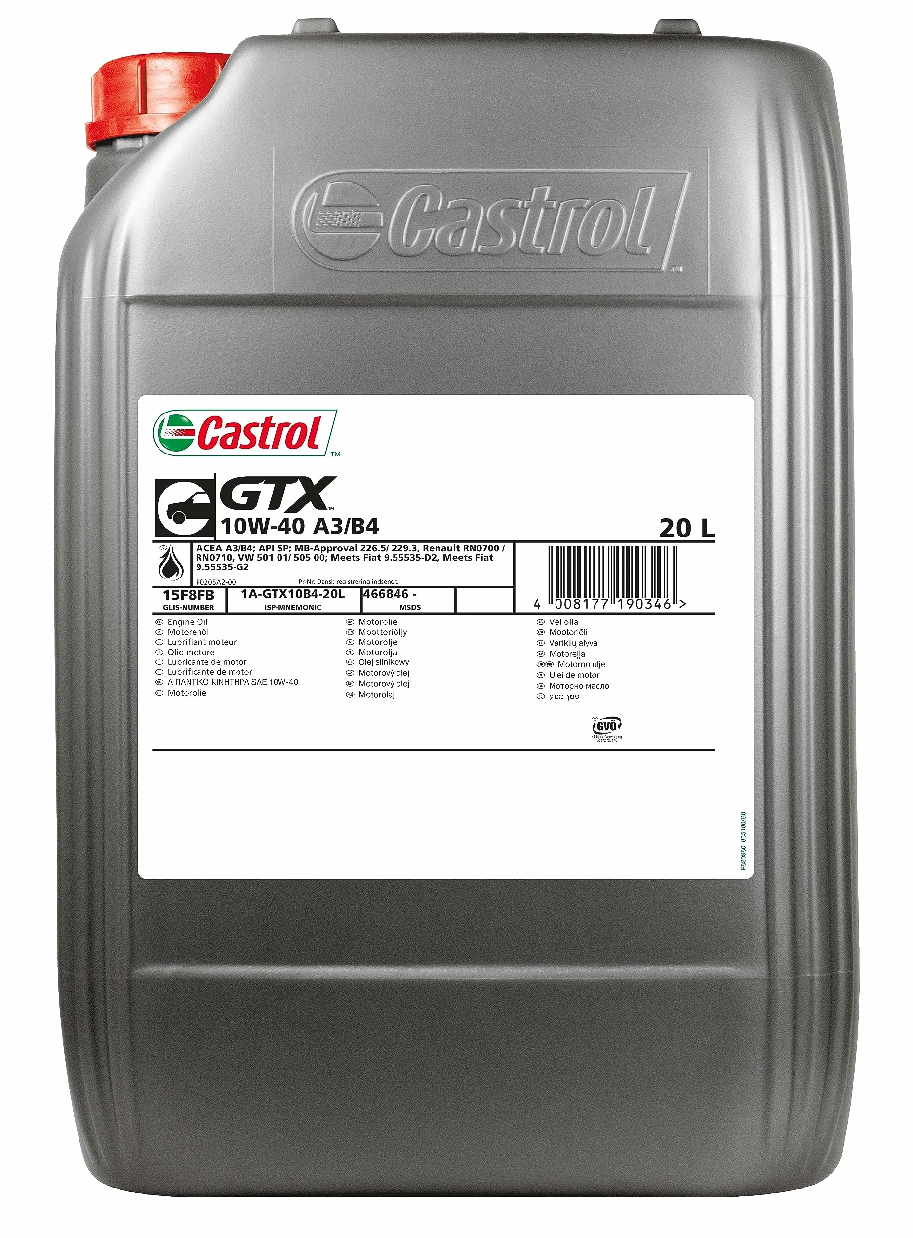 CASTROL Aceite de motor 10W-40 GTX aceite parcialmente sintético ACEA A3/B4 API SP A3/B4 20L Compatible con SKODA Fabia II Combi 545, RENAULT Megane 3 Grandtour KZ0/1 Clio 4 Grandtour KH