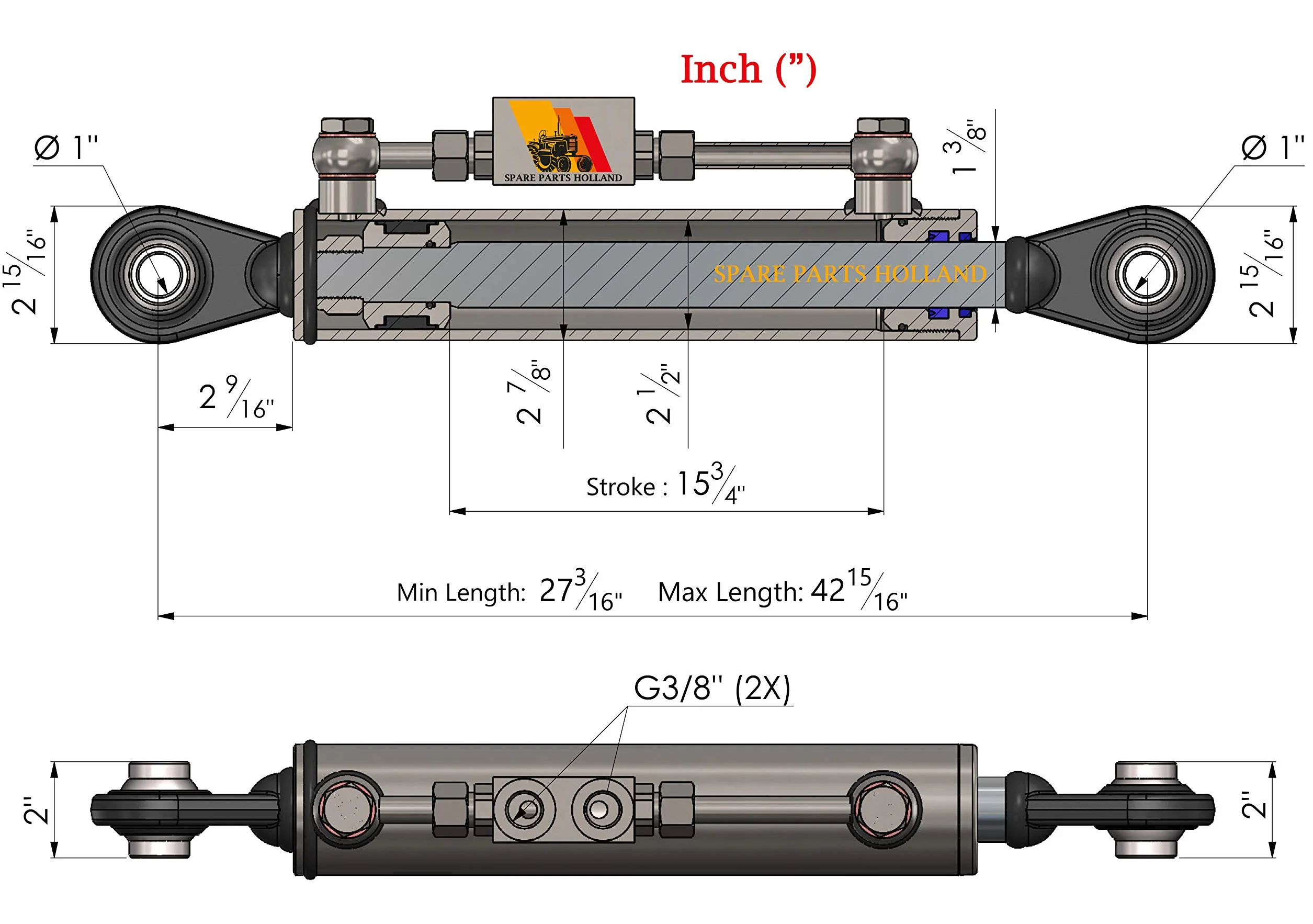 Tercer Punto Hidráulico Cat 2 (690 - 1090 mm) con Bloque de Bloqueo y 2 Mangueras