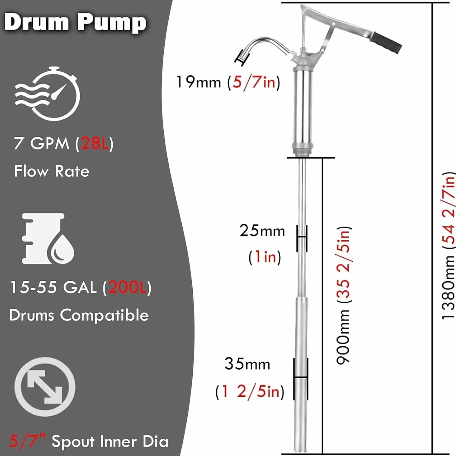 Bombas Manuales para Bidones De Aceite, Bomba De Transferencia De 5-55 Galones, Bomba De Palanca, Tubo De Succión Telescópico De 450-900 Mm, Transferencia Rápida De 28 L/min