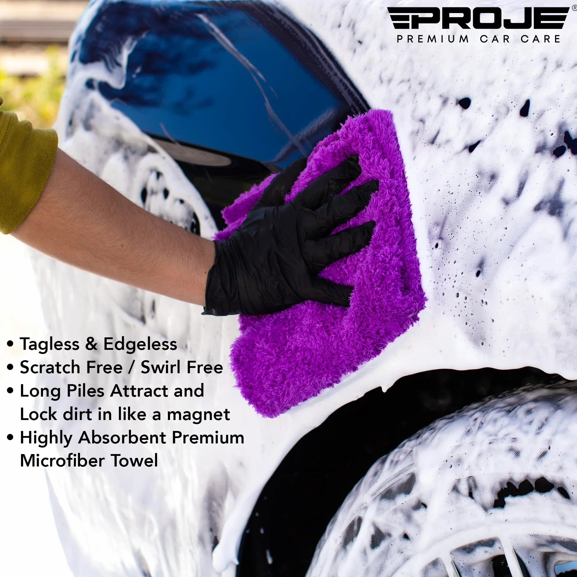 PROJE' PurplePRO - Toalla de secado de microfibra púrpura para automóviles, paño de limpieza ultra absorbente, toalla de detalles exteriores e interiores de automóviles, 500 g/m², 16 x 16 pulgadas