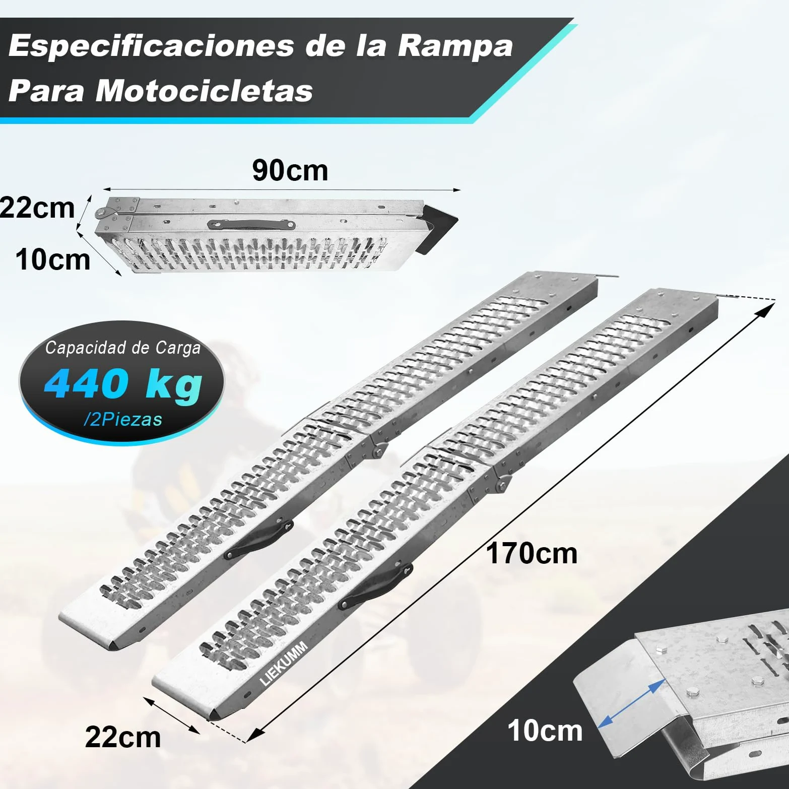 LIEKUMM Rampas de Carga, 170 x 22 cm Rampa de Acceso, Capacidad 440 kg Rampa Moto, Plegable Rampa para ATV, quadbike, Scooter, cortacésped, Motocicleta, 2 Paquetes