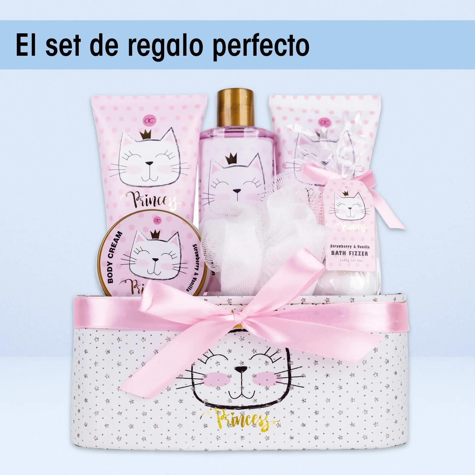 Accentra PRINCESS KITTY Juego de regalo baño mujer 250 ml gel de ducha loción exfoliante crema bombas baño esponja cesta fresa vainilla