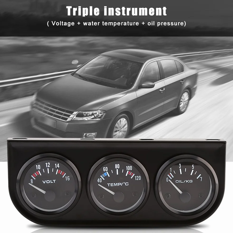 Qiilu 52mm 3 en 1 Voltímetro Sensor Temperatura Agua Presión Aceite Coche Camión