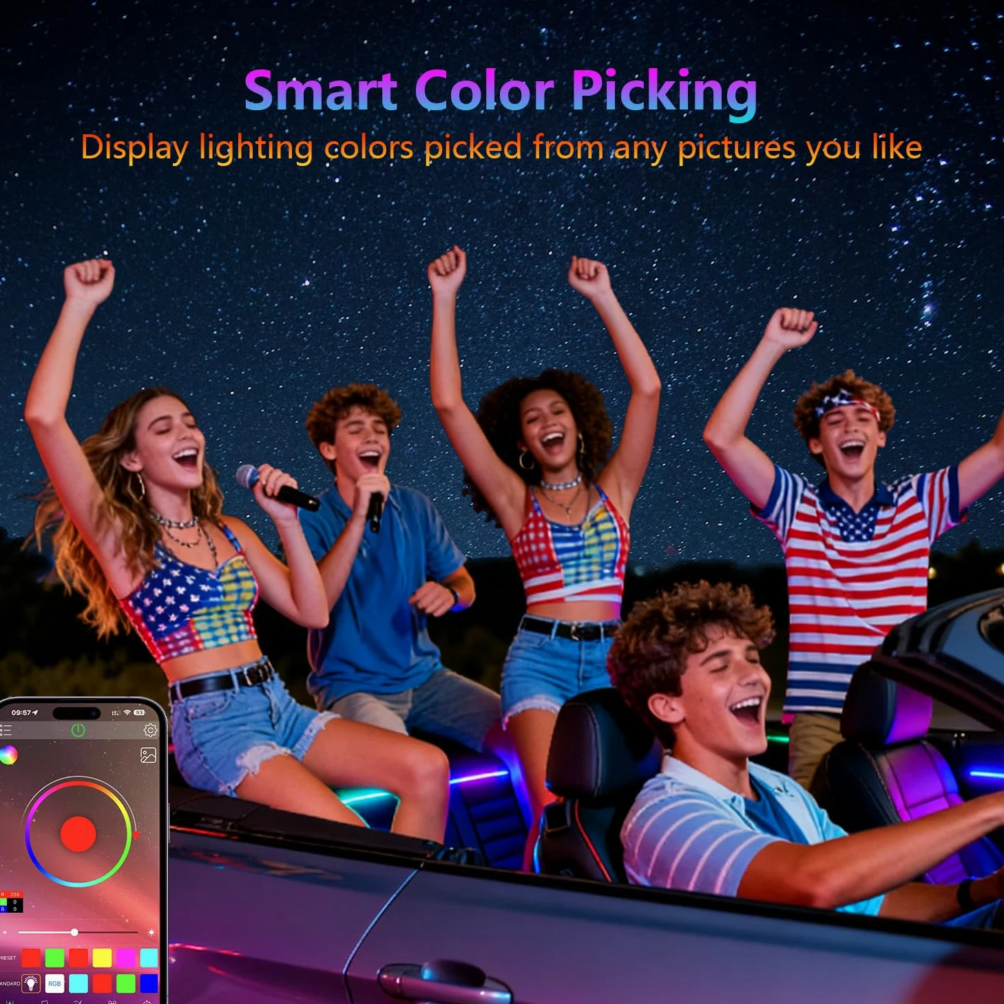 Tiras de luz LED para coche con control de aplicación inteligente de 4 hilos, kit de 72 luces LED multicolor con sincronización de música para coches, camiones, SUV a través de encendedor de