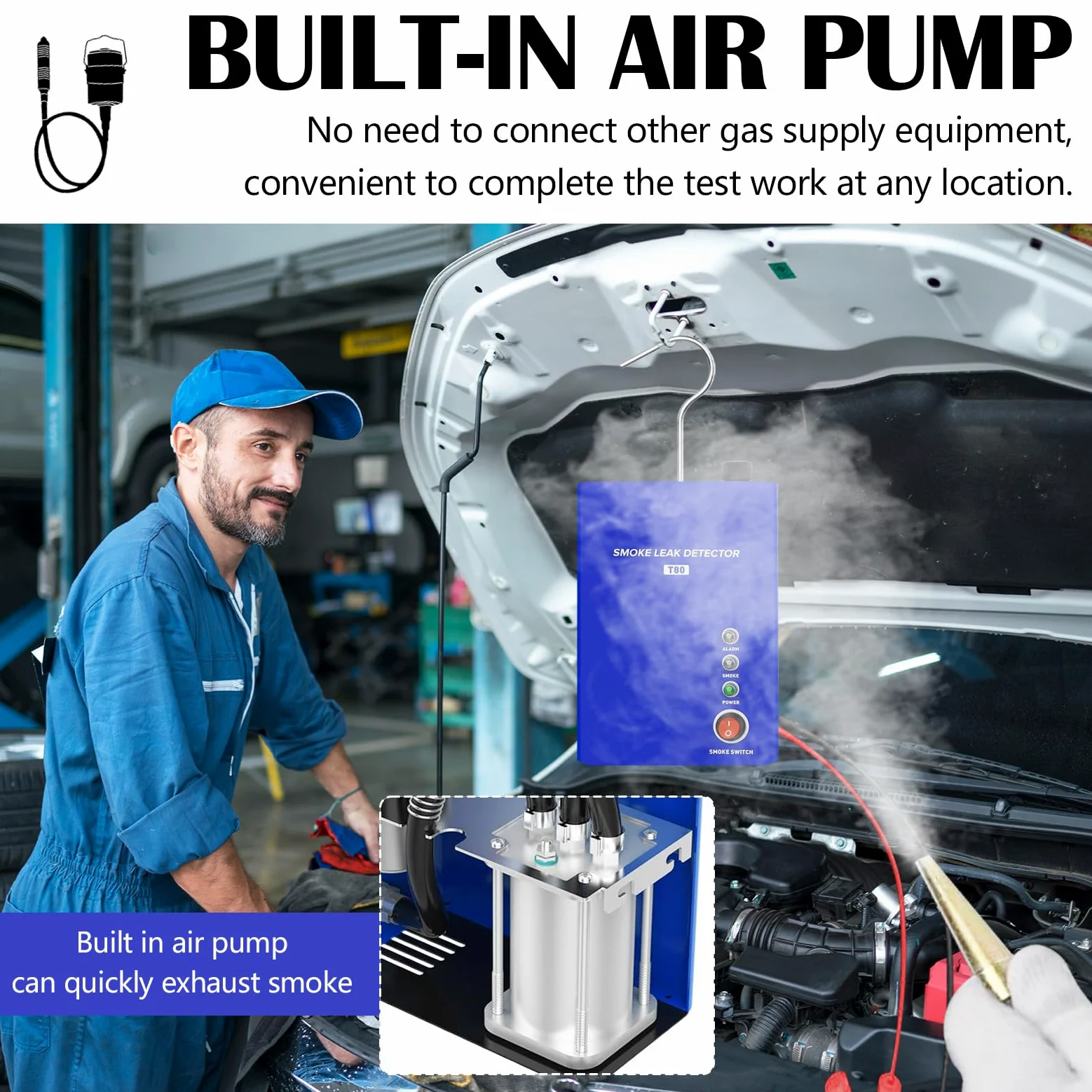 Máquina de Humo 12V para detección de Fugas EVAP, Kit Detector de Fugas para Coche Moto camión y Barco, con Pinzas de alimentación adaptadores y Tubo de Humo