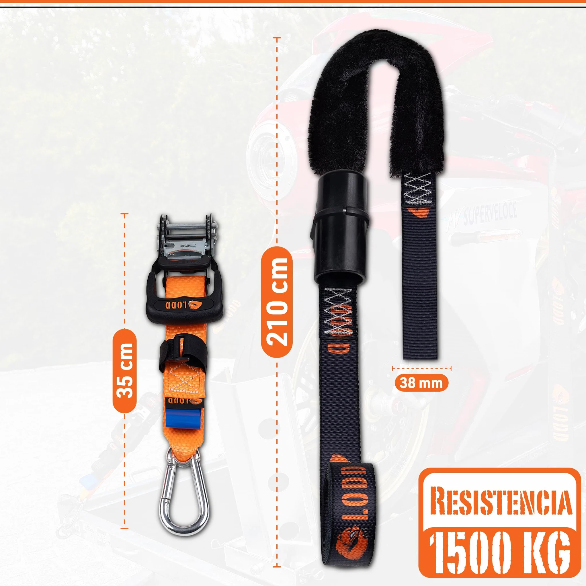 LODD – Correas Moto, Anclaje al Manillar con Manguitos Compuestos Reforzados, Carraca Ultrarresistente, 38 mm, 1.500 kg, Mosquetones de Acero, Remolque, Carretera y Deportivas – Maletín Incluido