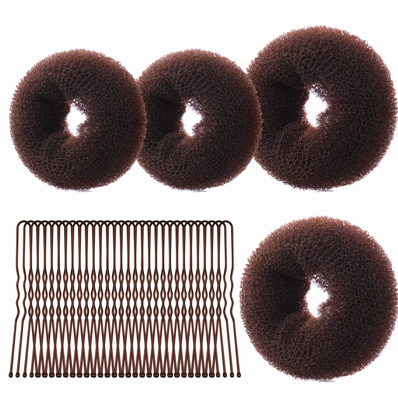 URAQT Donut Moño De Pelo 4PC Accesorios de Peinado Kit con 30 Horquillas en Forma de U para Bailarines Niñas Mujeres Marrón rojizo
