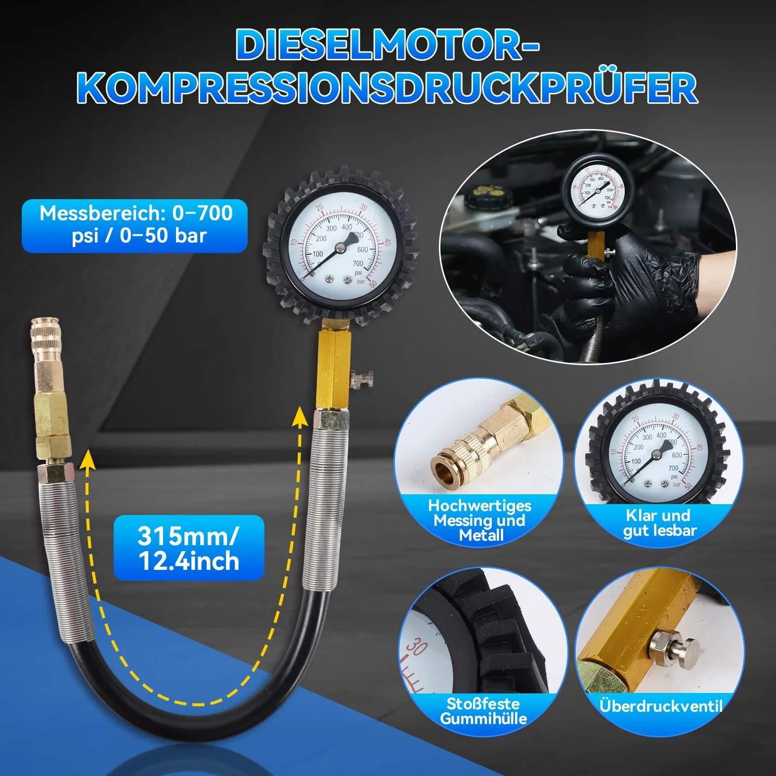 47 Piezas Comprobador de Compresión para Motores de Gasolina y Diésel, Comprobador de Compresión Diésel de 0 a 50 Bar, Kit de Probador de Fugas de Cilindros de Doble Calibre para HDI, TDCi, Motor Pum
