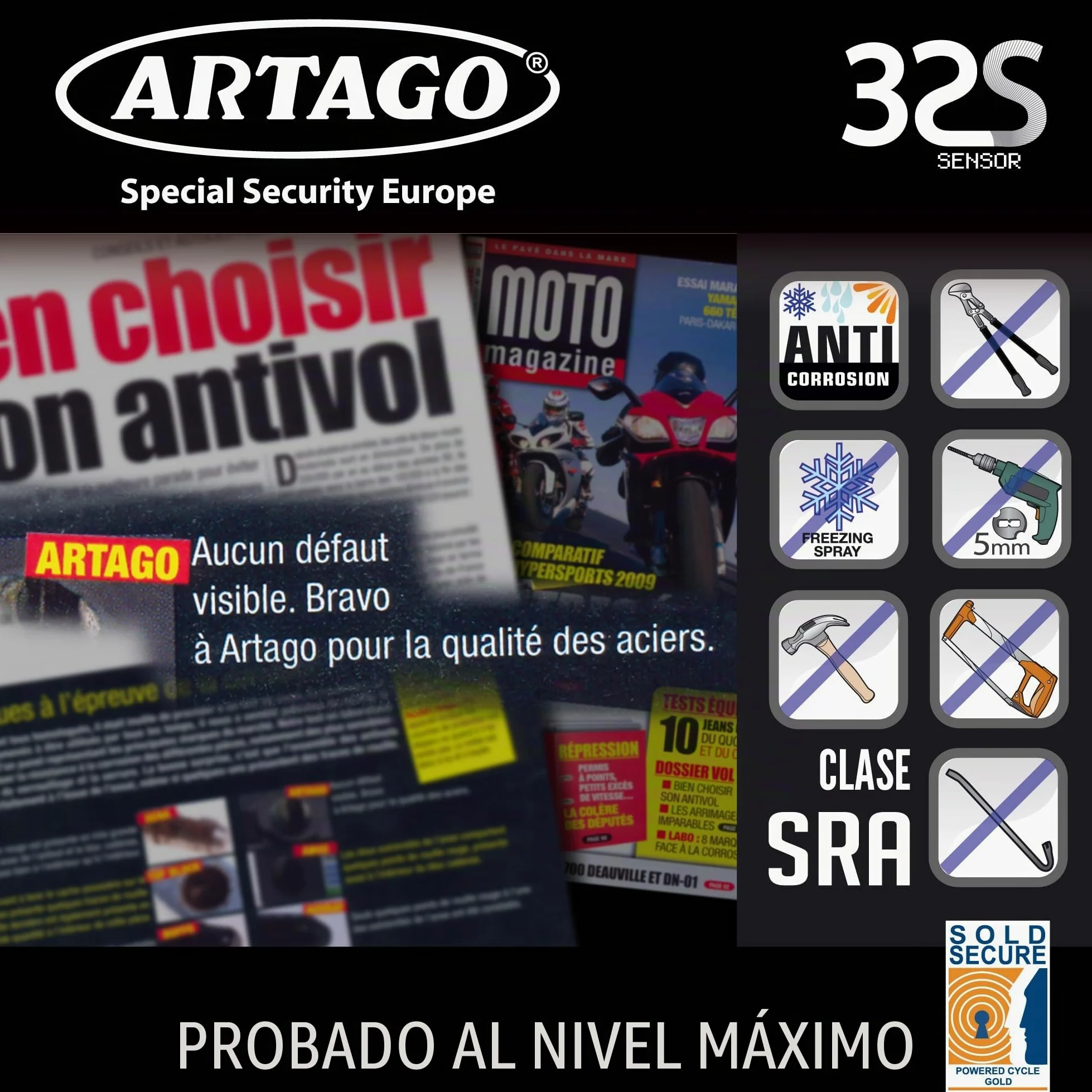 Artago 32S2 Pack Candado Antirrobo Disco con Alarma 120db Alta Seguridad + Soporte para Yamaha MT-07 y Tracer 700, Homologado Sra