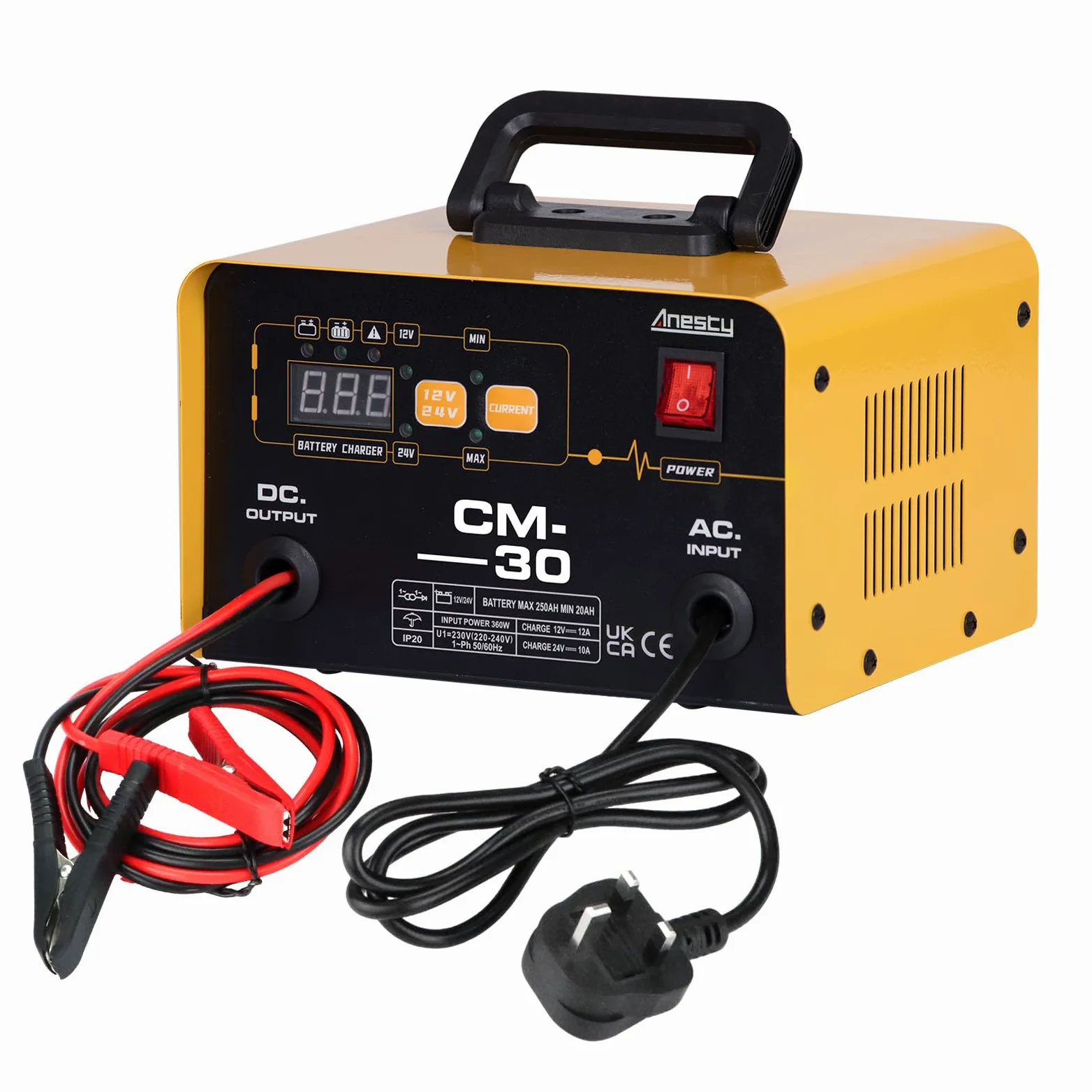 Anesty Cargador de batería de coche de 12 V, 24 V, 20-250 Ah, cargador de batería inteligente de plomo-ácido, unidad de carga automática de batería de coche resistente para furgoneta, motocicleta,
