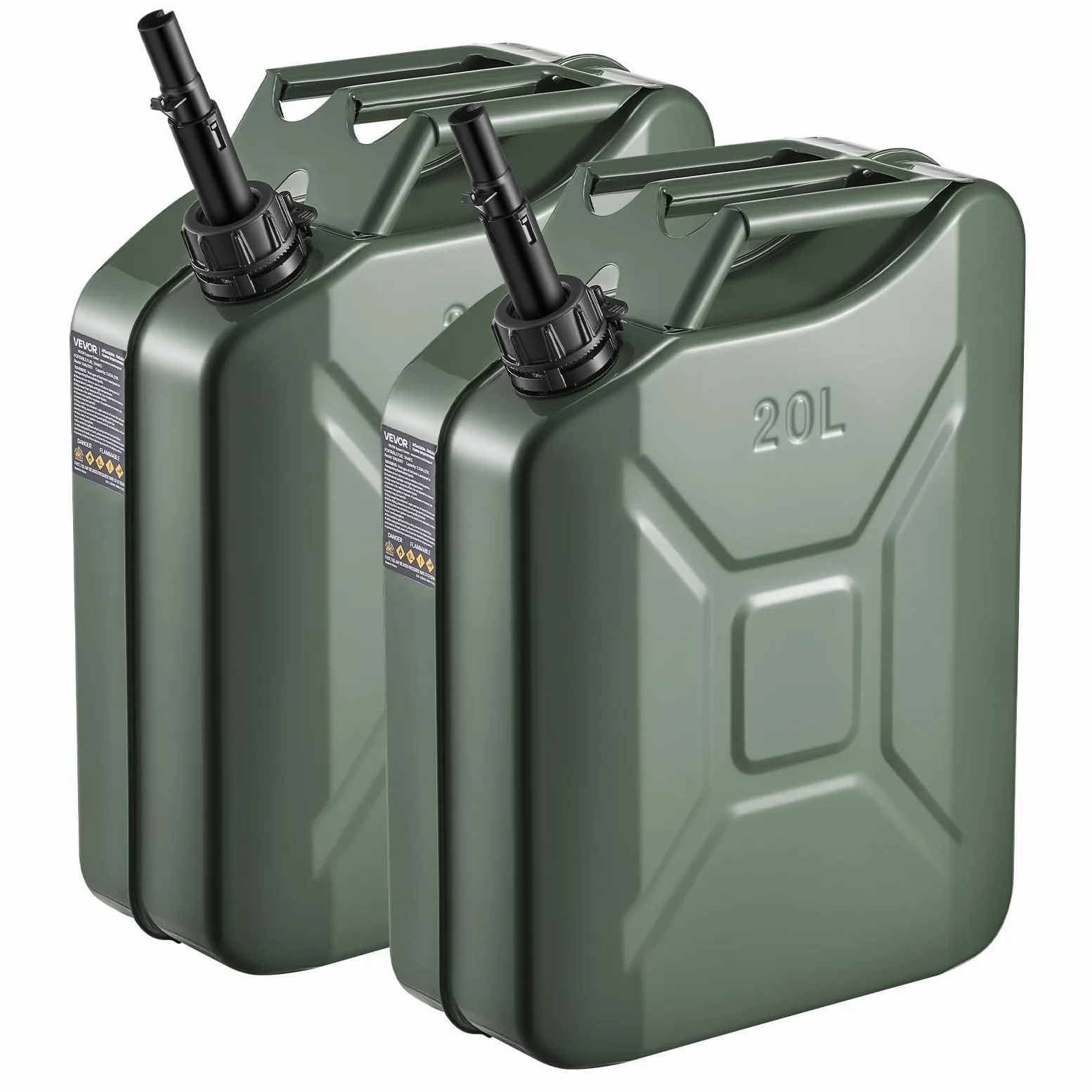 VEVOR Bidón de Gasolina 20 L, Tanque de Combustible Metal PP con Pico y Asa, 6 L/min, a Prueba de Fugas, Verde, 2 Piezas