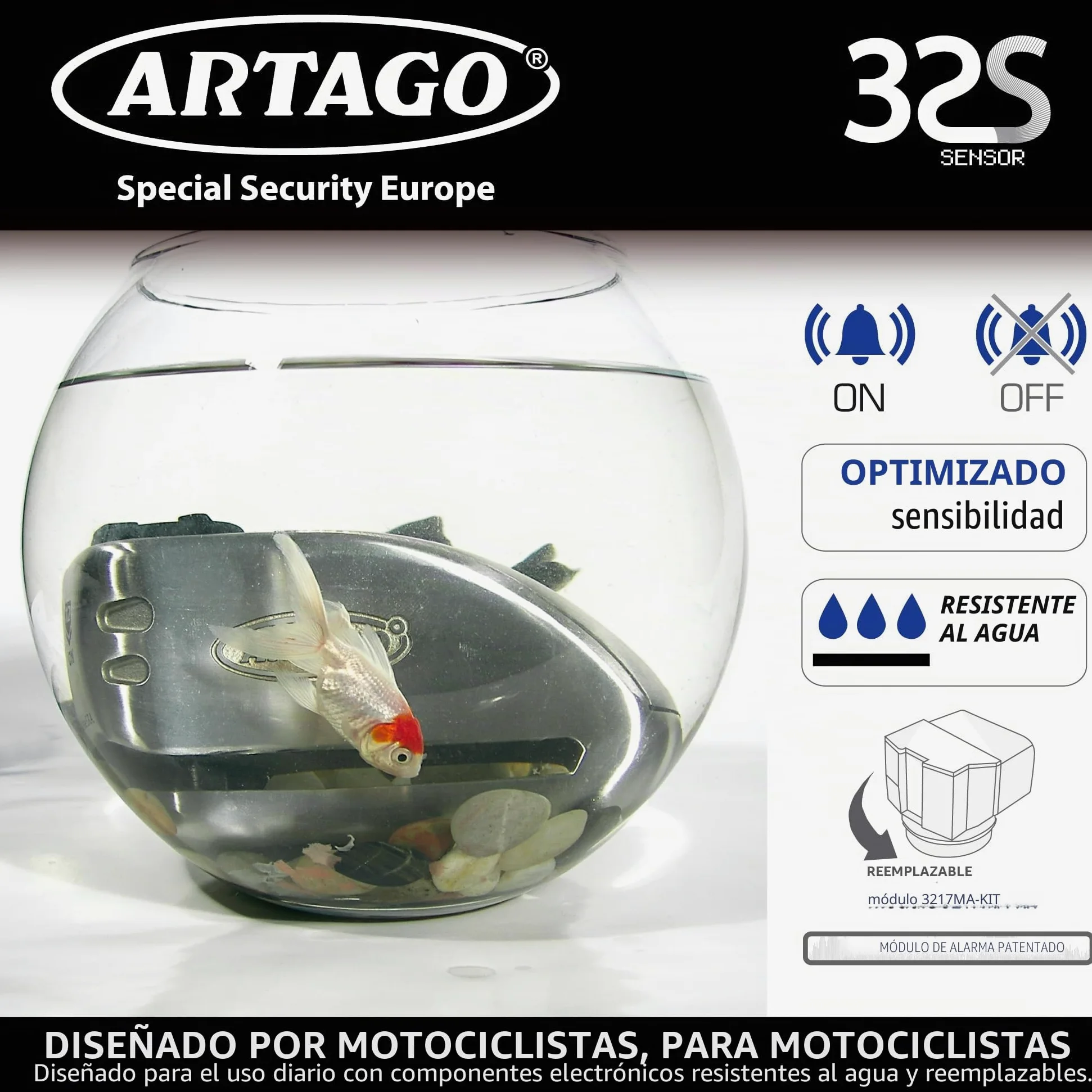 ARTAGO 32 Candado Moto Alta Gama, Mejor Antirrobo Disco con Alarma Inteligente Don't Touch 120dB, Homologado SRA y SSG, Exclusivo Triple Cierre Ø15.5, Blindaje Anti-Taladro 5mm, Pinza Cepo Acero Inox