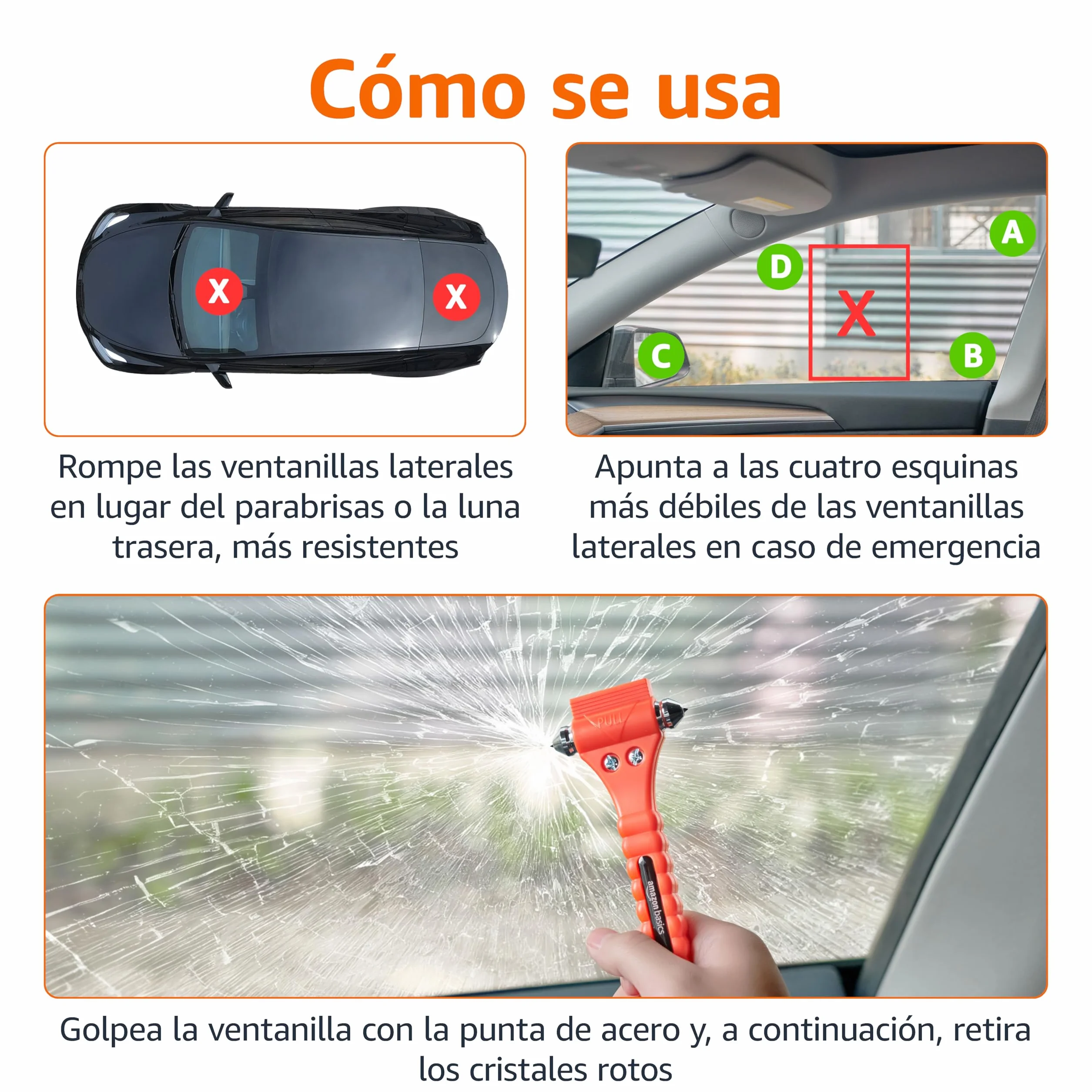 Amazon Basics Cortador de cinturón de Seguridad y Martillo rompecristales de Emergencia, Paquete de 2