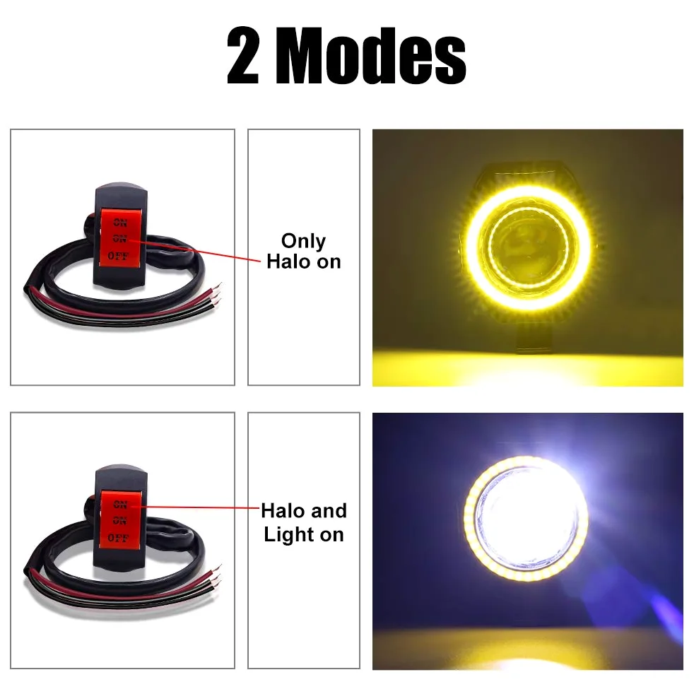 2 piezas U7 luz antiniebla de conducción de motocicleta con halo ámbar, impermeable para motocicleta auxiliar DRL faros delanteros LED con interruptor de 3 cables 12V 24V para moto quad scooter