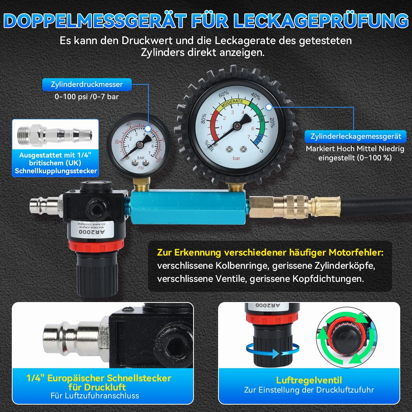 47 Piezas Comprobador de Compresión para Motores de Gasolina y Diésel, Comprobador de Compresión Diésel de 0 a 50 Bar, Kit de Probador de Fugas de Cilindros de Doble Calibre para HDI, TDCi, Motor Pum