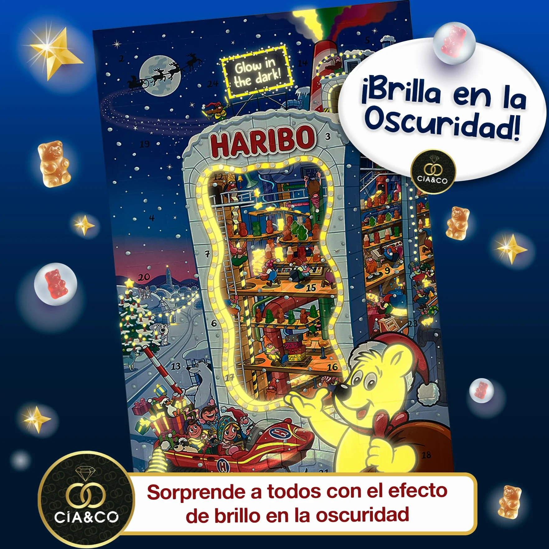 Calendario de Adviento HARIBO 2025 Brilla en la Oscuridad 24 Bolsitas Caramelos de Goma Variados 300 g