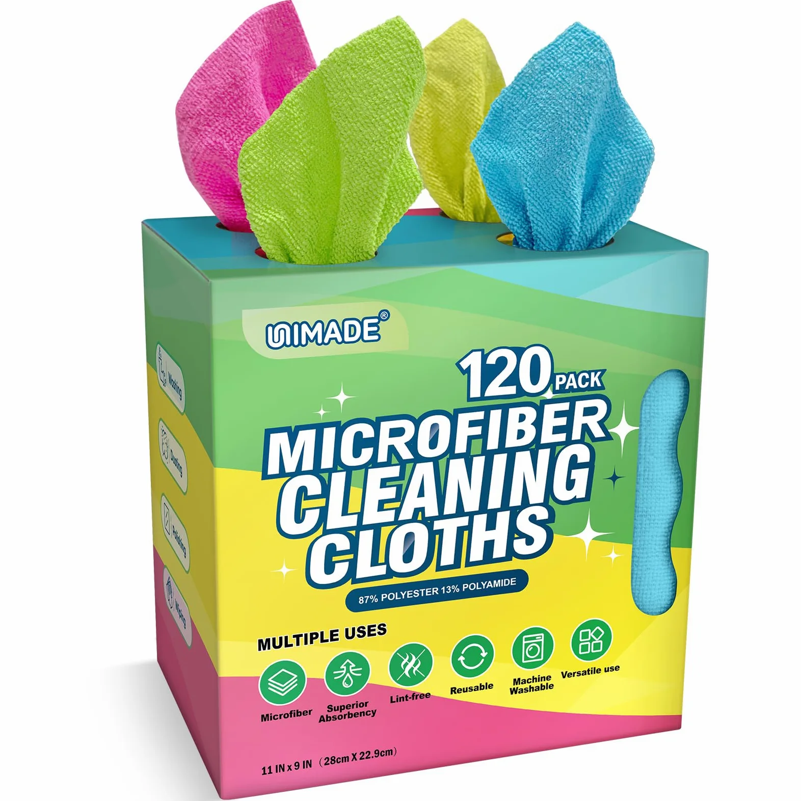 UNIMADE Paño de limpieza de microfibra, paquete de 120 toallas de microfibra reutilizables para autos, sin pelusas, trapos de toalla con caja dispensadora para el hogar, cocina, automóvil, restaurante