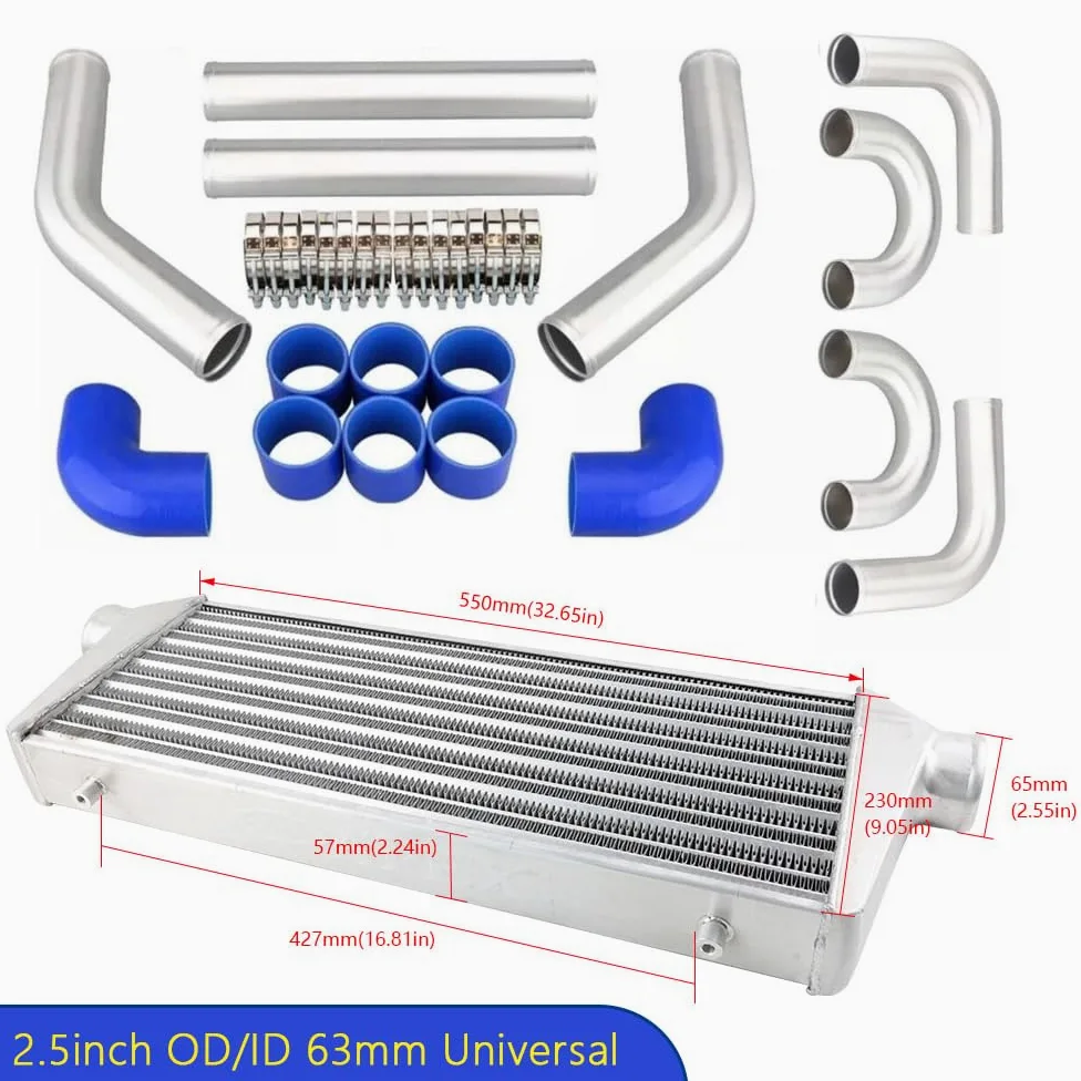 550x230x65 63mm+tubería de aluminio de 2,5"+ kit de manguera de silicona Intercooler para turbo Enfriador de aire de turbo | Intercooler de montaje frontal FMIC de refrigeración turbo
