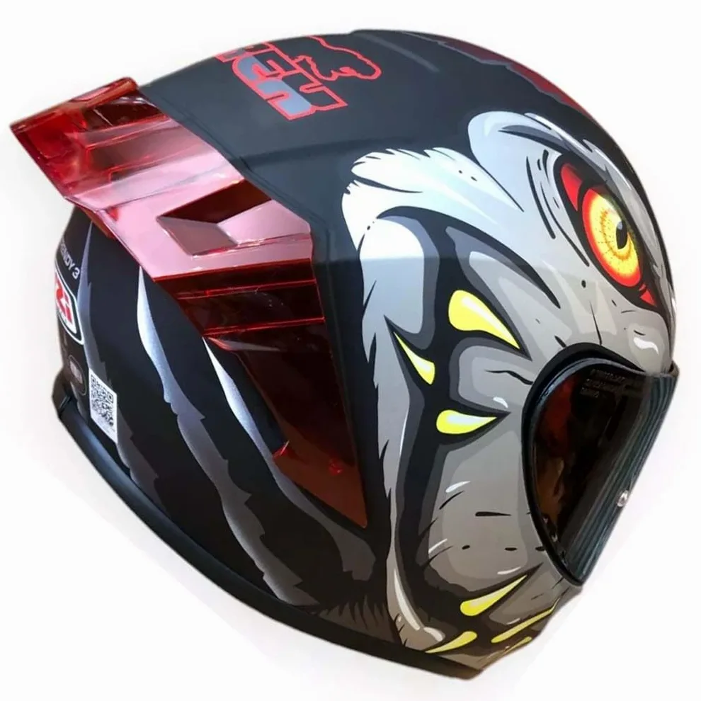 NZI Trendy 3 Stream Raptor Grey Red Mate - Casco de Moto Integral con Pantalla Oscura + Transparente + Spoiler ECE 22.06 - Unisex Hombre y Mujer (S)
