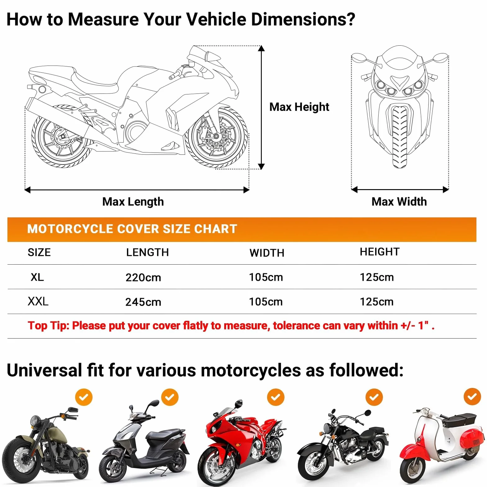 Favoto Funda para Moto y Scooter - Cubierta Impermeable y Anti-UV con Orificio para Candado, Lona de Protección Exterior e Interior, Negro y Naranja, 245x105x125cm