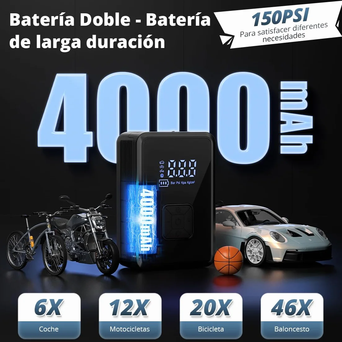 Oasser Compresor Aire Portatil 150PSI Inflador Ruedas Coche Recargable Compresor de Aire Pequeño Luz LED para Coche Moto Bicicleta Pelota