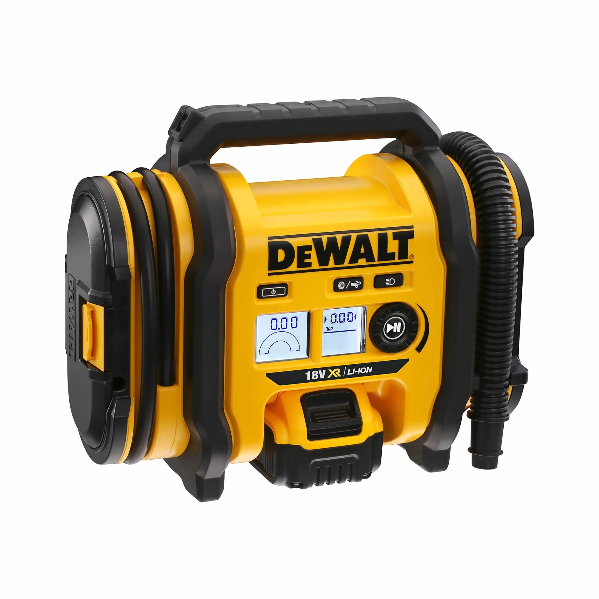 DEWALT Inflador XR 18V, con LED, 3 fuentes de alimentación, Cargador de coche 12V o red eléctrica, Presión máxima 11 Bar, Manómetro digital, Sin cargador/batería, DCC018N-XJ