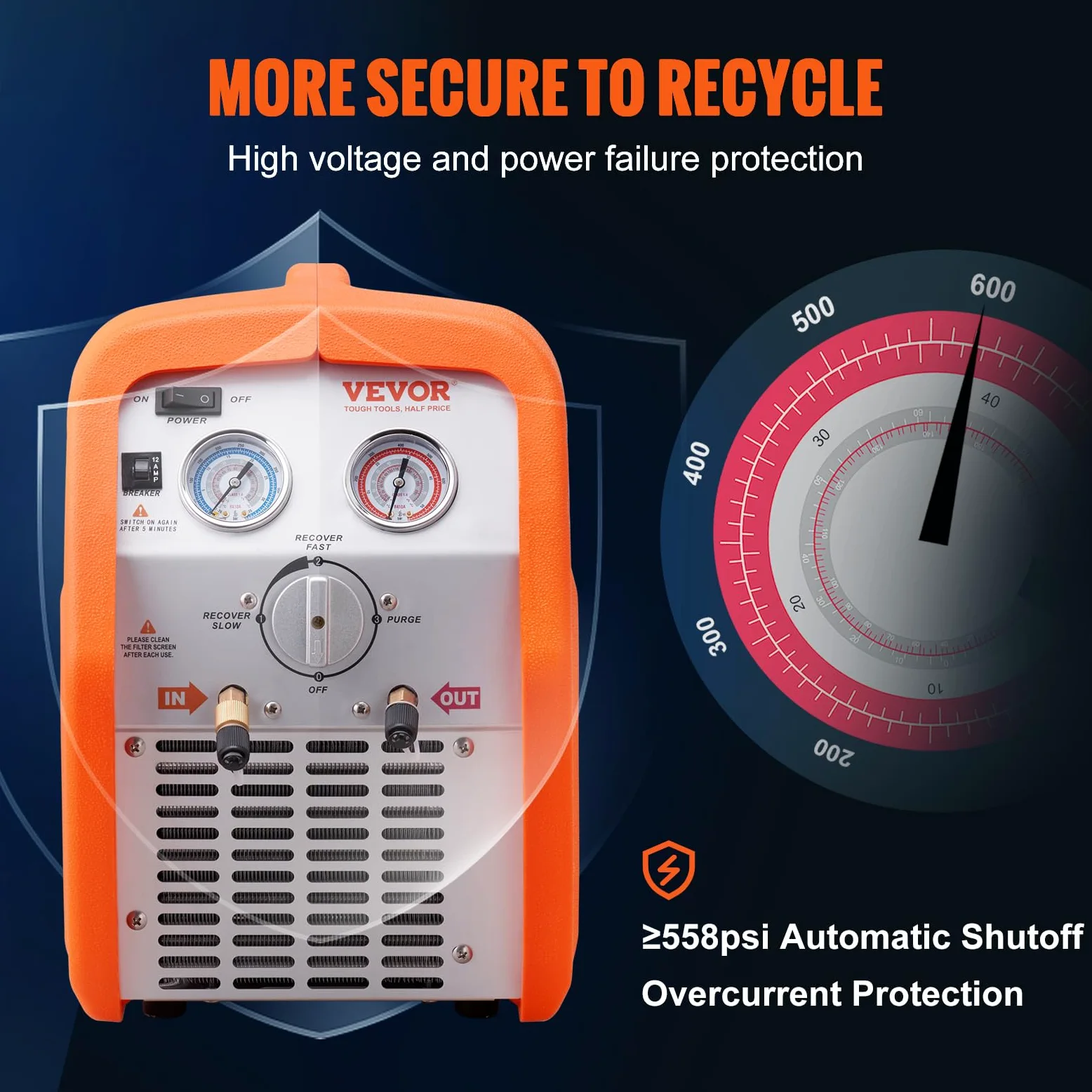 VEVOR Máquina de Recuperación de Refrigerante Portátil 3/4 HP Máquina de Recuperación con Protección de Alta Presión 2,2 kg/min Velocidad de 1450 RPM Autolimpieza para Vapor Líquido Refrigerante