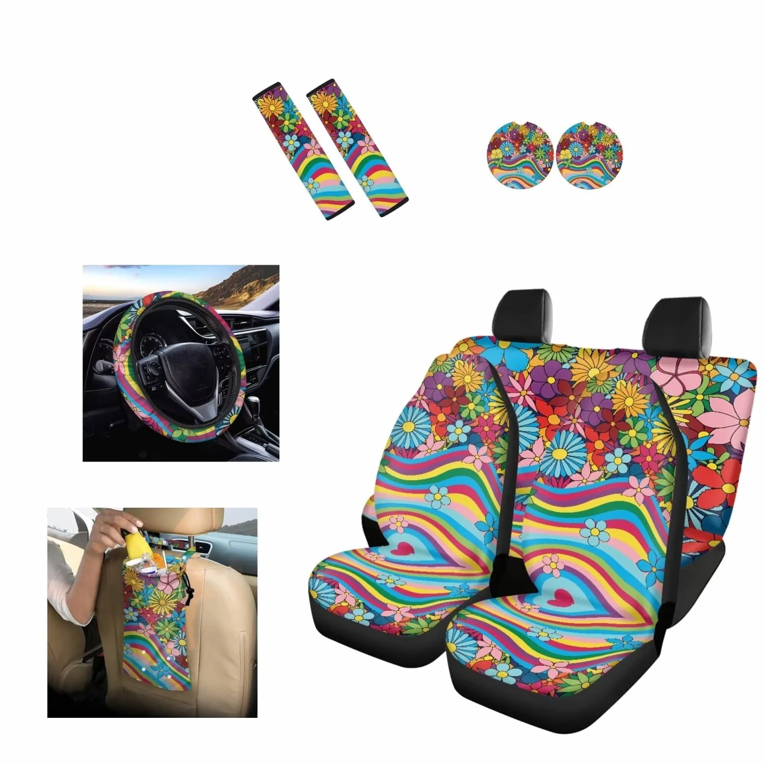 Juego completo de fundas para asientos de coche 70S Floral, juego de 10 con estampado de ondas arcoíris hippie, funda para volante, bolsa de basura