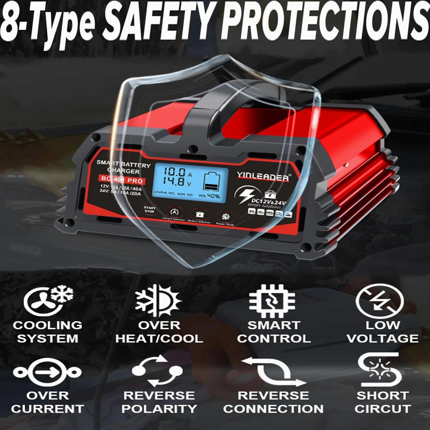 Yinleader Cargador de batería inteligente 40A 12V/24V 20A Cargador de coche LCD Soporte de batería para AGM Moto