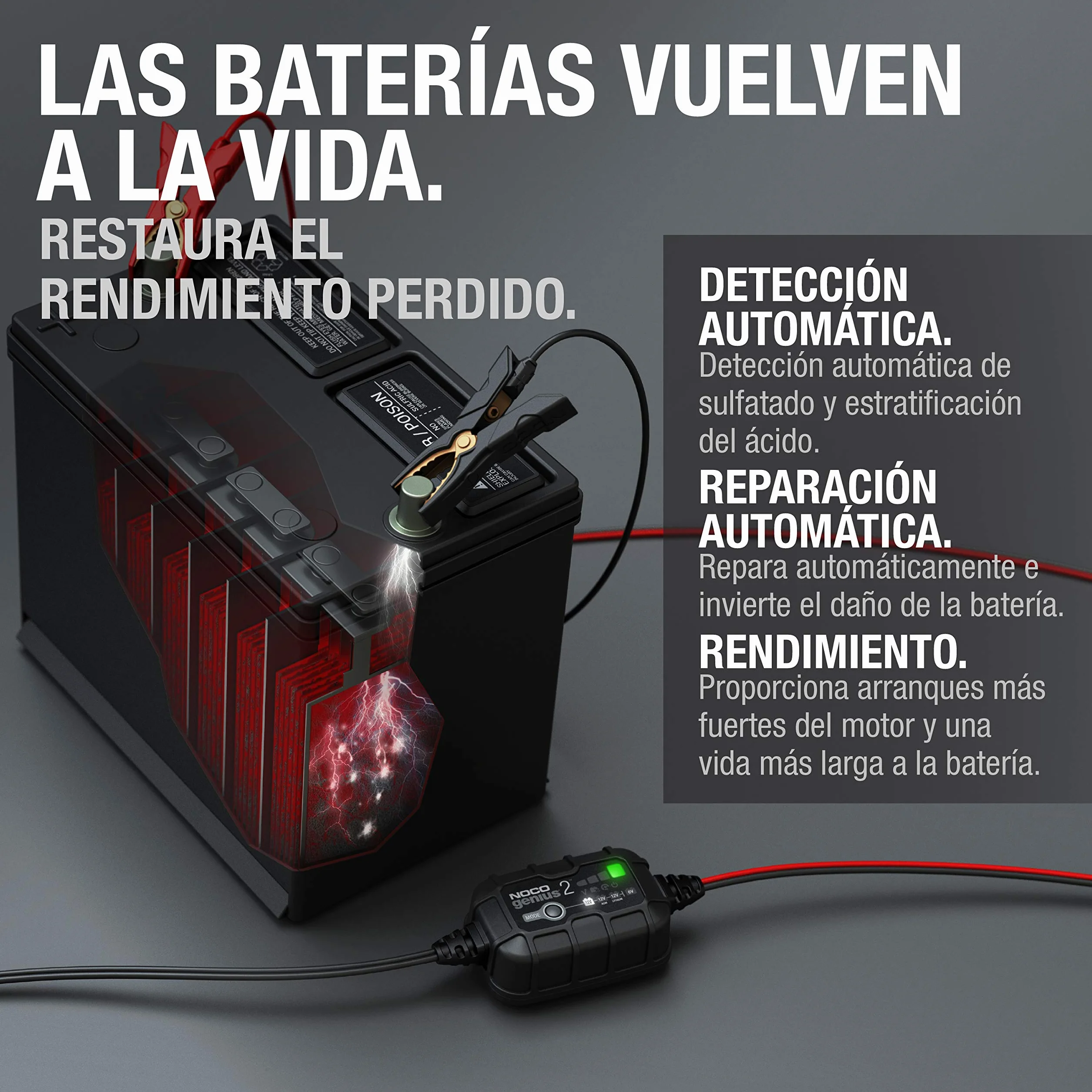 NOCO GENIUS2: Cargador Inteligente de baterías 2A 6V/12V – Mantenedor automático y desulfatador – Protección contra sobrecarga y compensación térmica – para baterías de Plomo y Litio