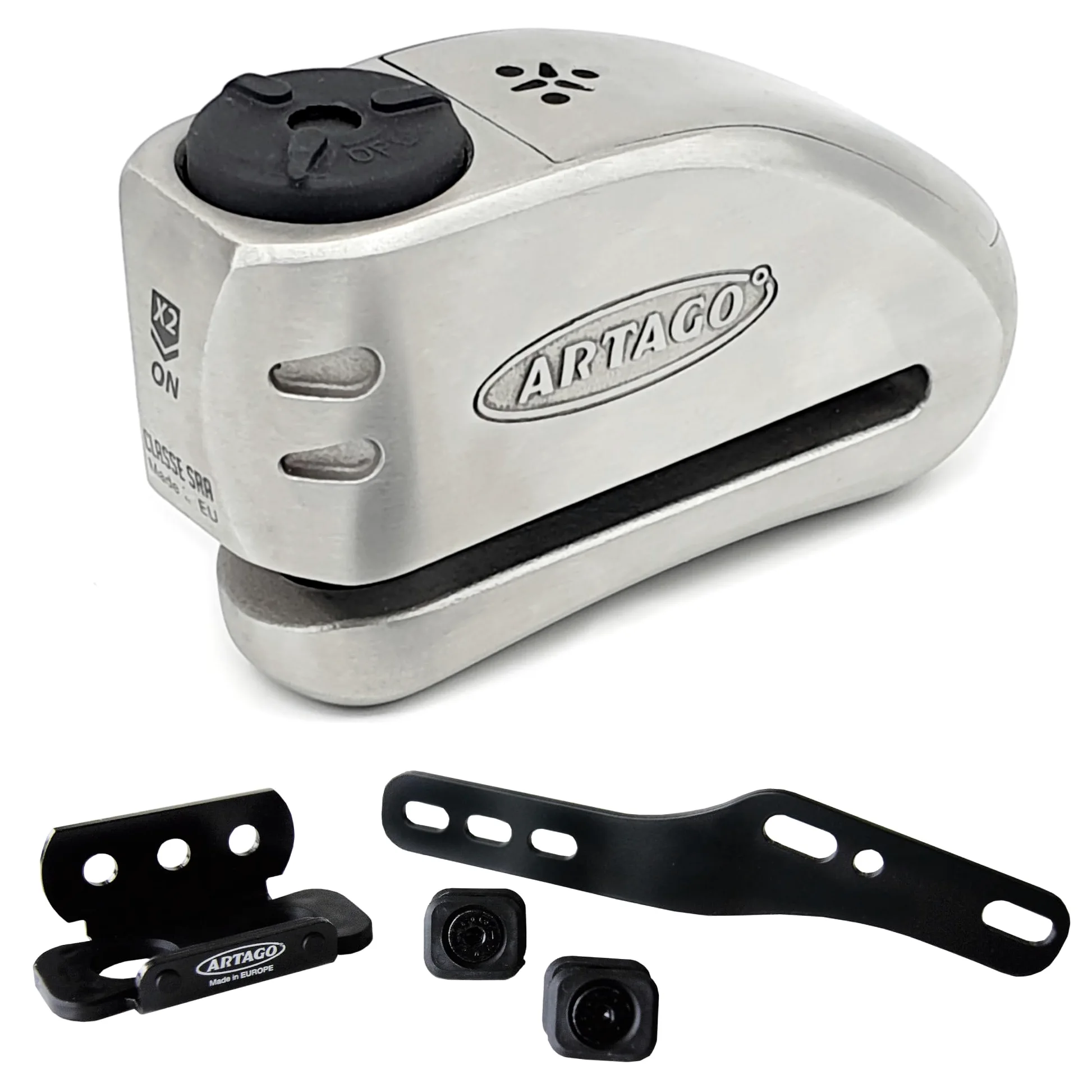Artago 32S2 Pack Candado Antirrobo Disco con Alarma 120db Alta Seguridad + Soporte para Yamaha MT-07 y Tracer 700, Homologado Sra