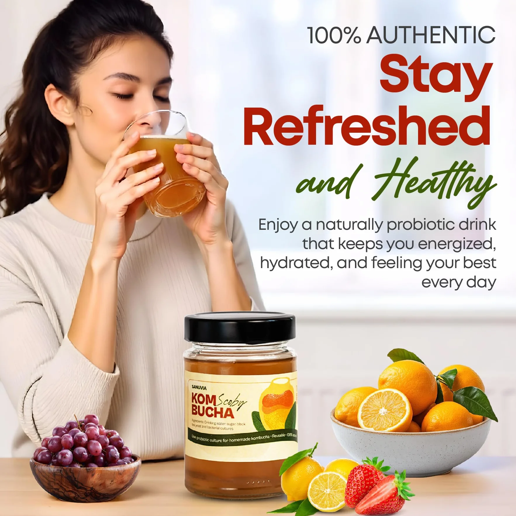 SANUVIA Kombucha SCOBY Starter Culture – Hongo de té con 300 ml de té iniciador en frasco de vidrio – Vegano, cultivo vivo, reutilizable
